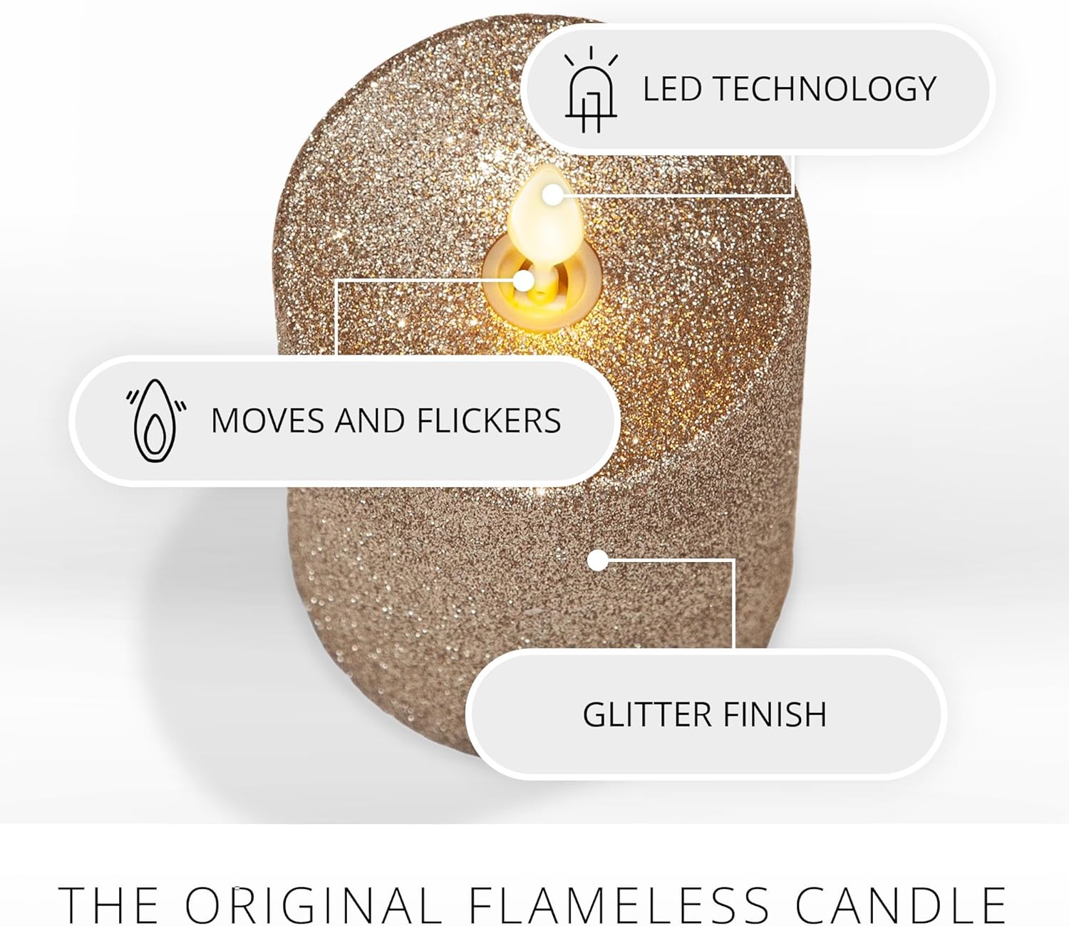 Luminara Vela de purpurina metálica dorada con llama artificial realista (3 x 4 pulgadas) con llama móvil, funciona con pilas, sin perfume, control