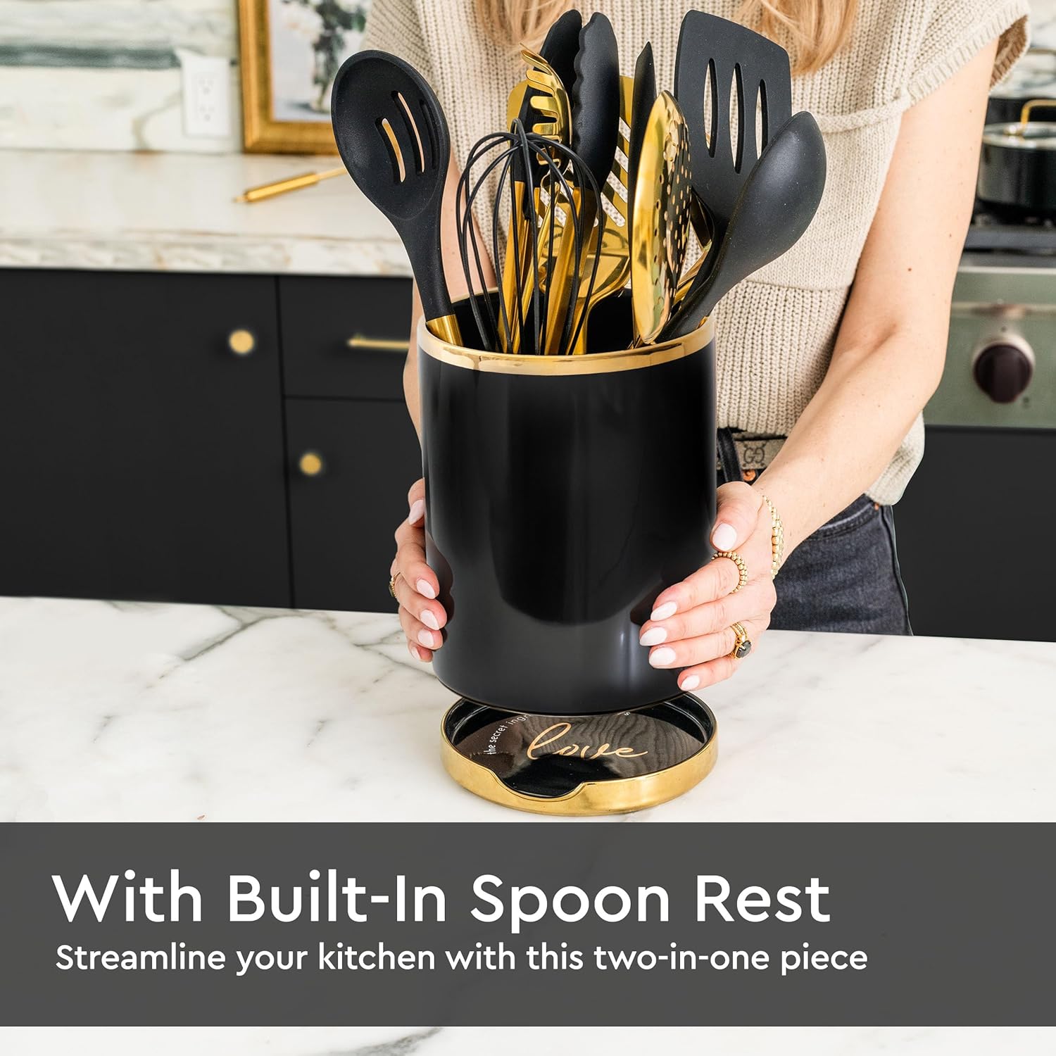 Styled Settings Soporte para utensilios negro y dorado con soporte de cuchara integrado, 2 soportes grandes de cerámica para utensilios de cocina,