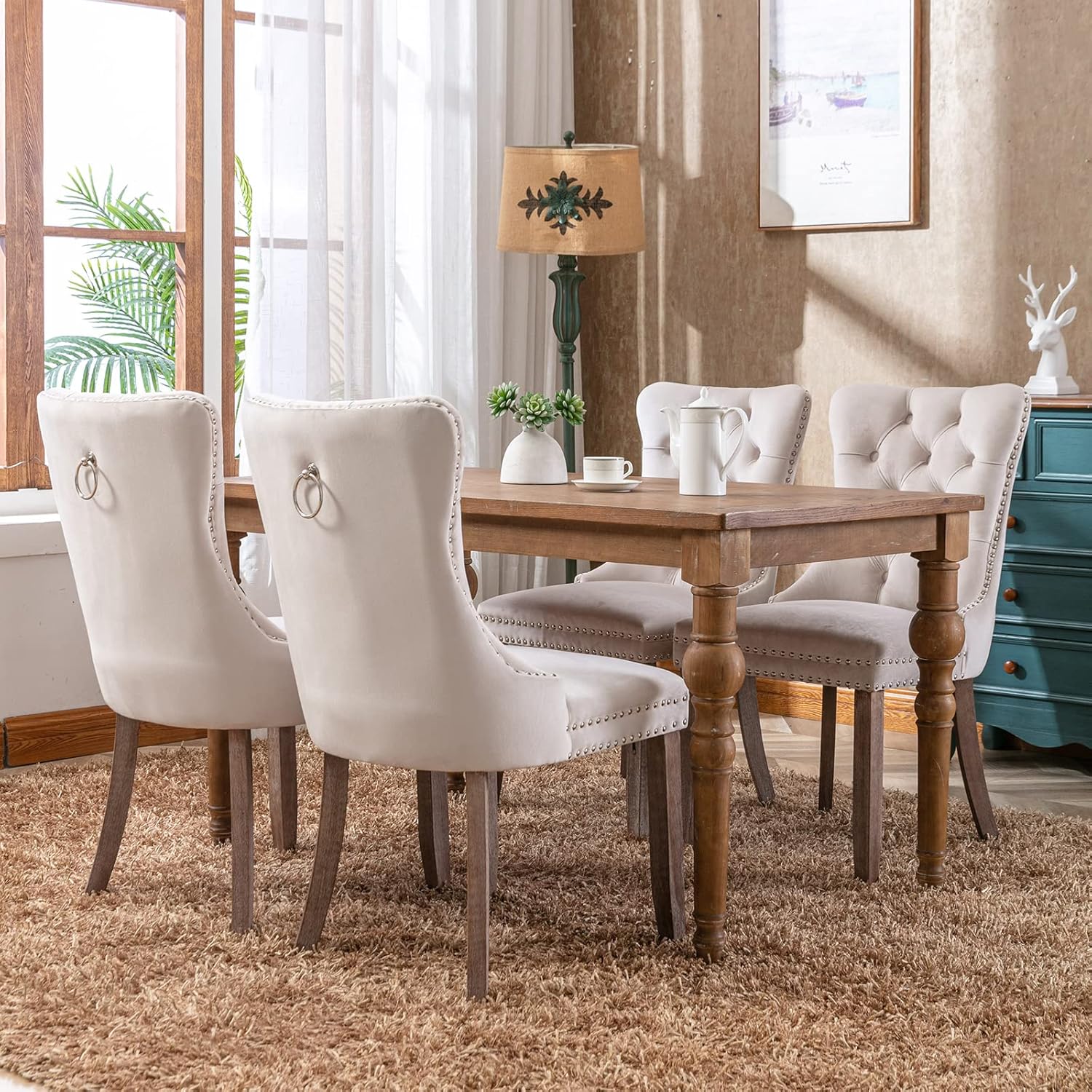 Juego de 2 sillas de comedor de terciopelo beige, juego de 2, sillas de comedor copetudas, sillas de comedor tapizadas de terciopelo, marco de
