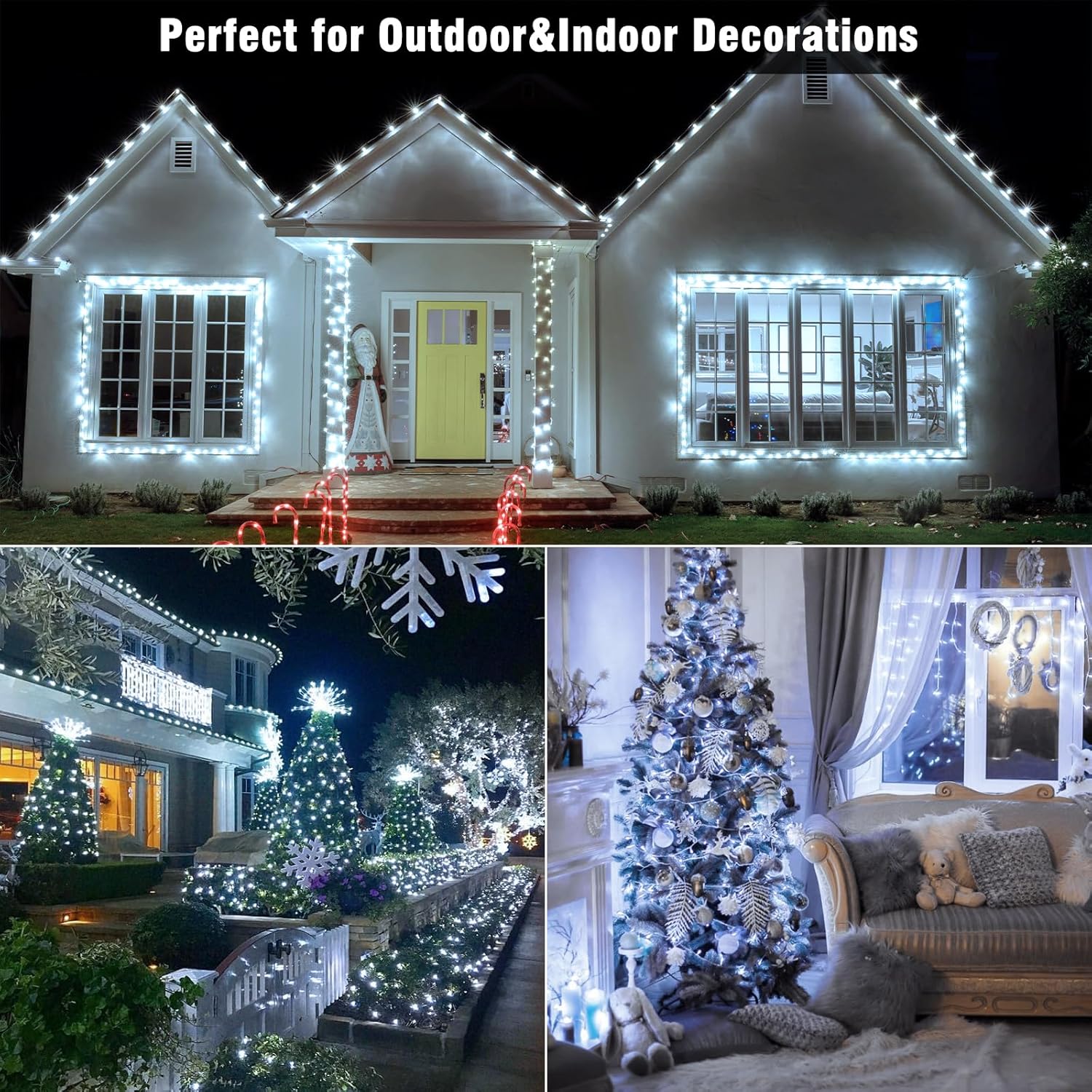 100 luces LED de Navidad de 33 pies para exteriores, 8 modos, tira de luces de Navidad con cable transparente con memoria de tiempo, tira de luces
