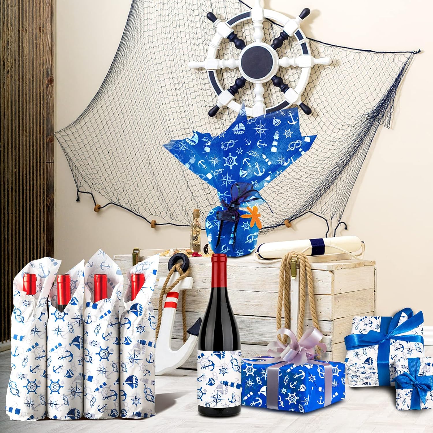 HolyMaji 30 hojas de papel de seda náutico azul, tamaño grande, 20 x 26 pulgadas, diseño de ancla, papel decorativo de regalo para decoración de