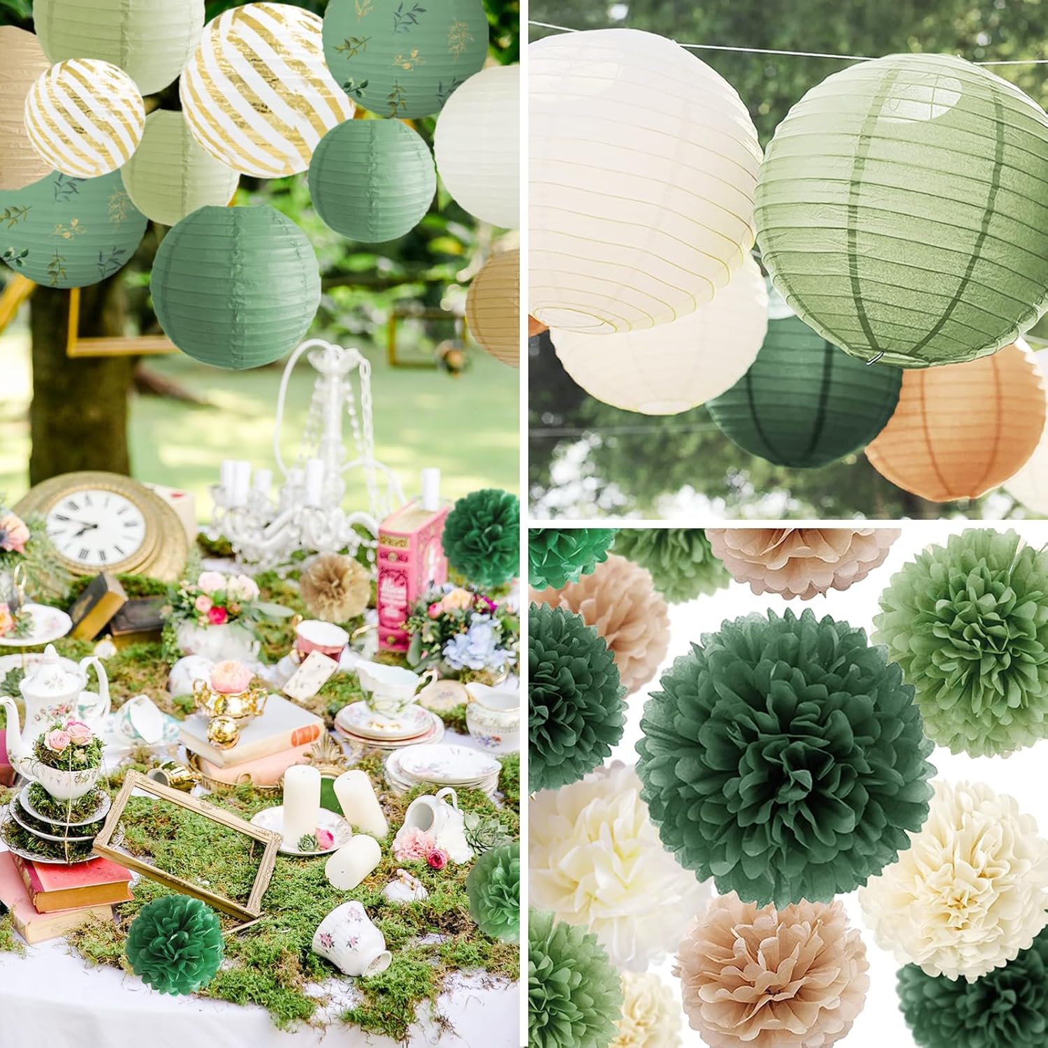 20 linternas de papel verde para decoración de fiesta, pompones, colgantes, color verde salvia, marrón, decoración de papel para fiesta, boda, baby
