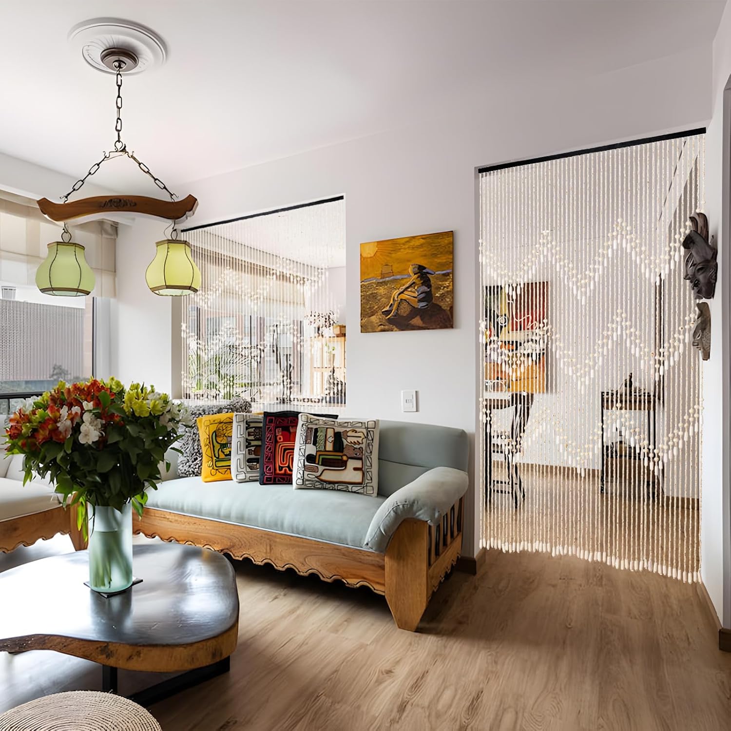 Cortina hecha a mano con cuentas para puerta, de madera de bambú, cortina para colgar separador de habitaciones, cortina hippie para ventana de