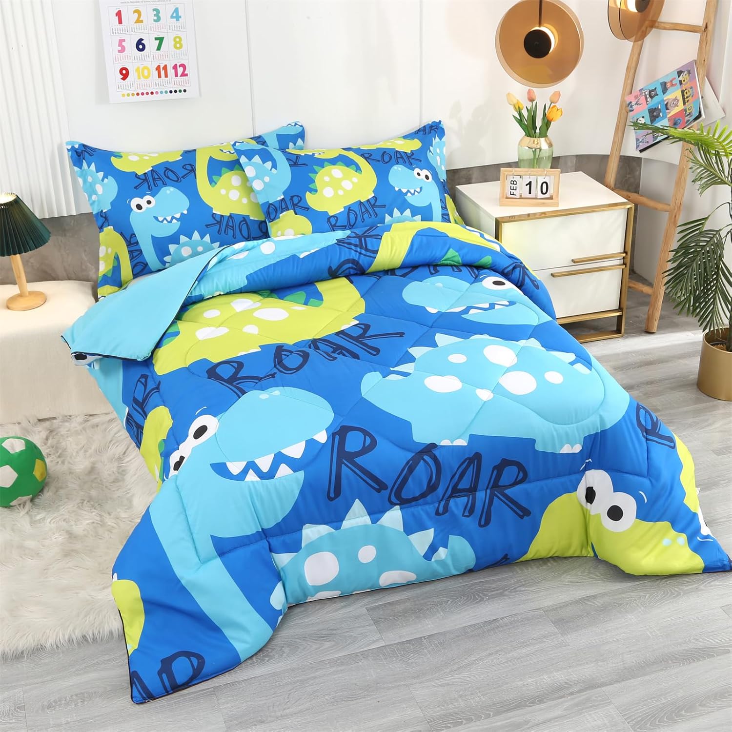 ENCOFT Juego de edredón de dinosaurio tamaño individual para niñas y niños, juego de ropa de cama de dinosaurios de 3 piezas de alta calidad, color