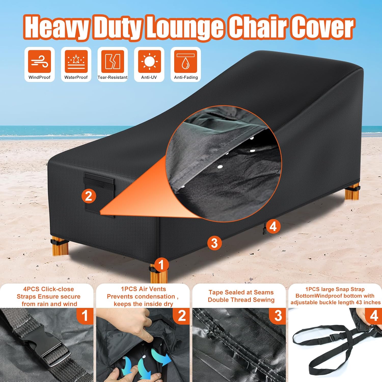 Easy-Going – Funda impermeable para tumbona de patio, resistente a todo tipo de clima, con ventilación de aire, 68 pulgadas de largo x 30 pulgadas