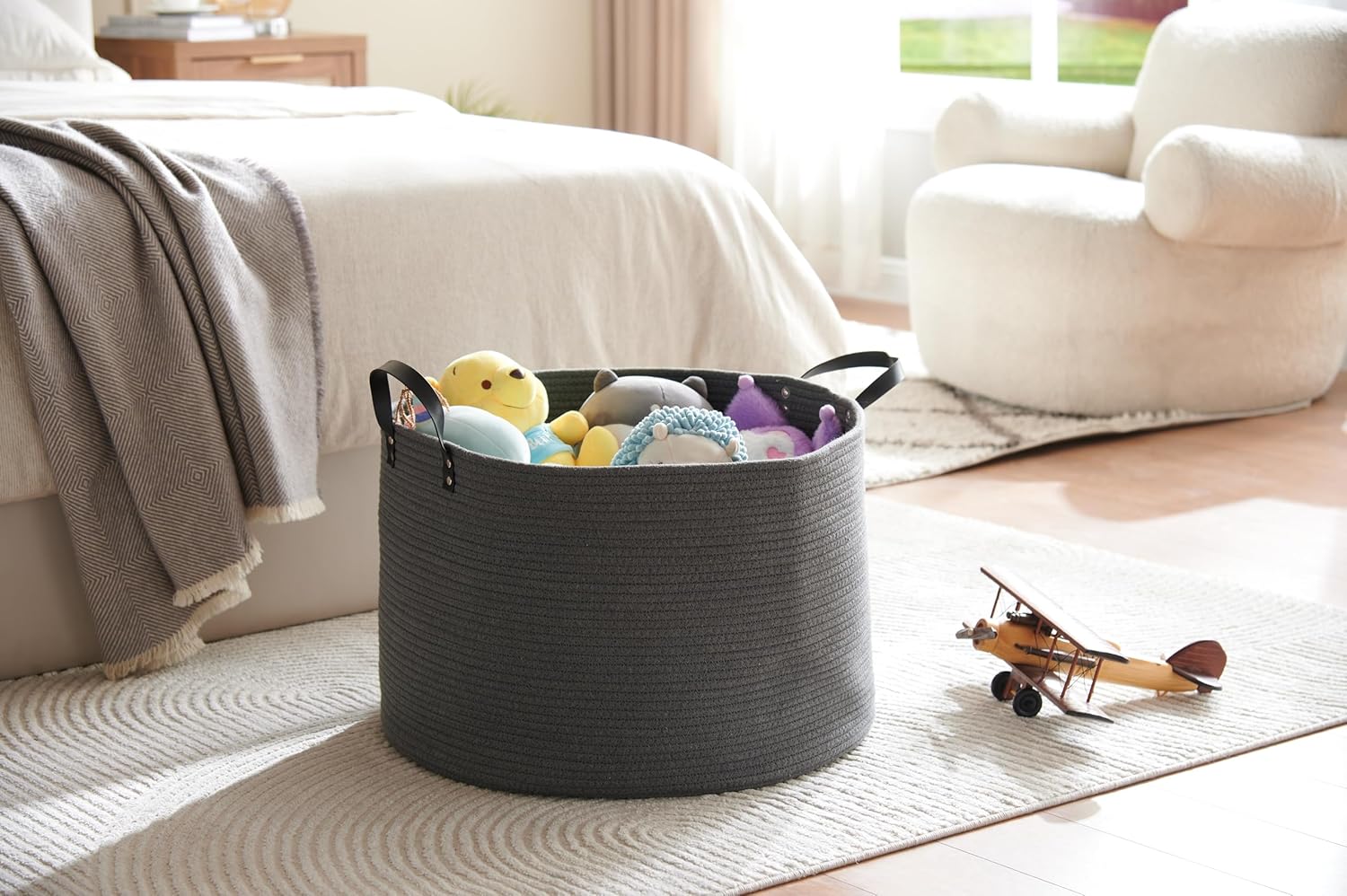 Luxury Little Cesta de almacenamiento extragrande para guardería, 22 x 22 x 14 pulgadas, cesta de cuerda de algodón 100% con asas, cesta de