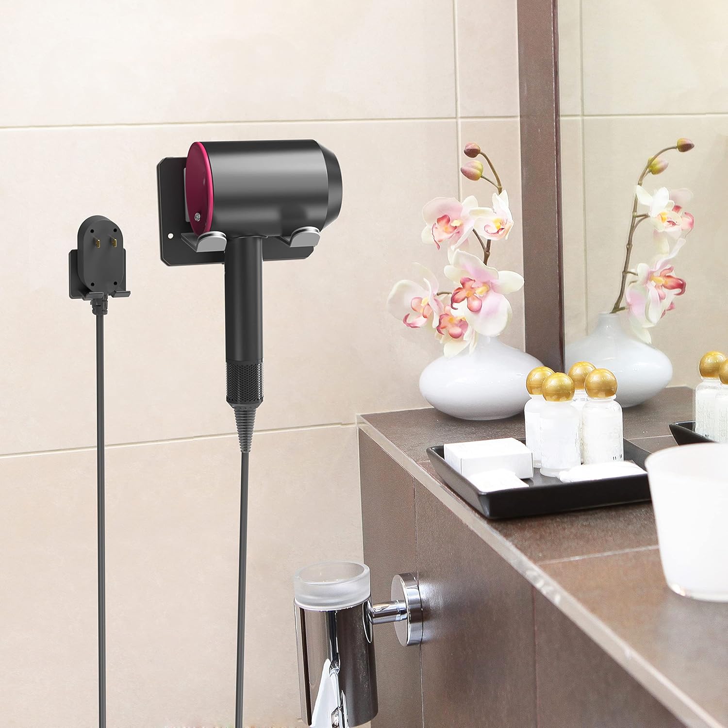 Soporte adhesivo para secador de pelo de montaje en pared, organizador adhesivo para secador de pelo, compatible con secadores de pelo Dyson (negro)