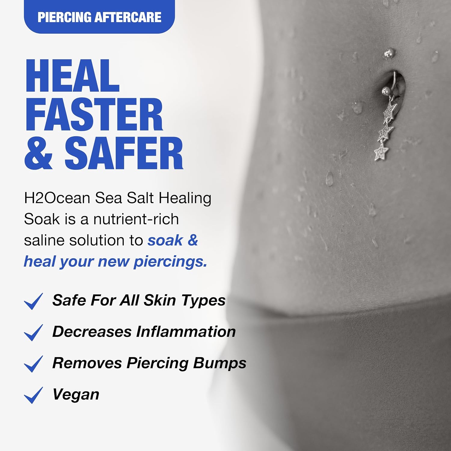 H2Ocean Baño de sal marina para piercings y heridas, solución salina de sal marina para piercings y cuidado de heridas, cuidado posterior calmante