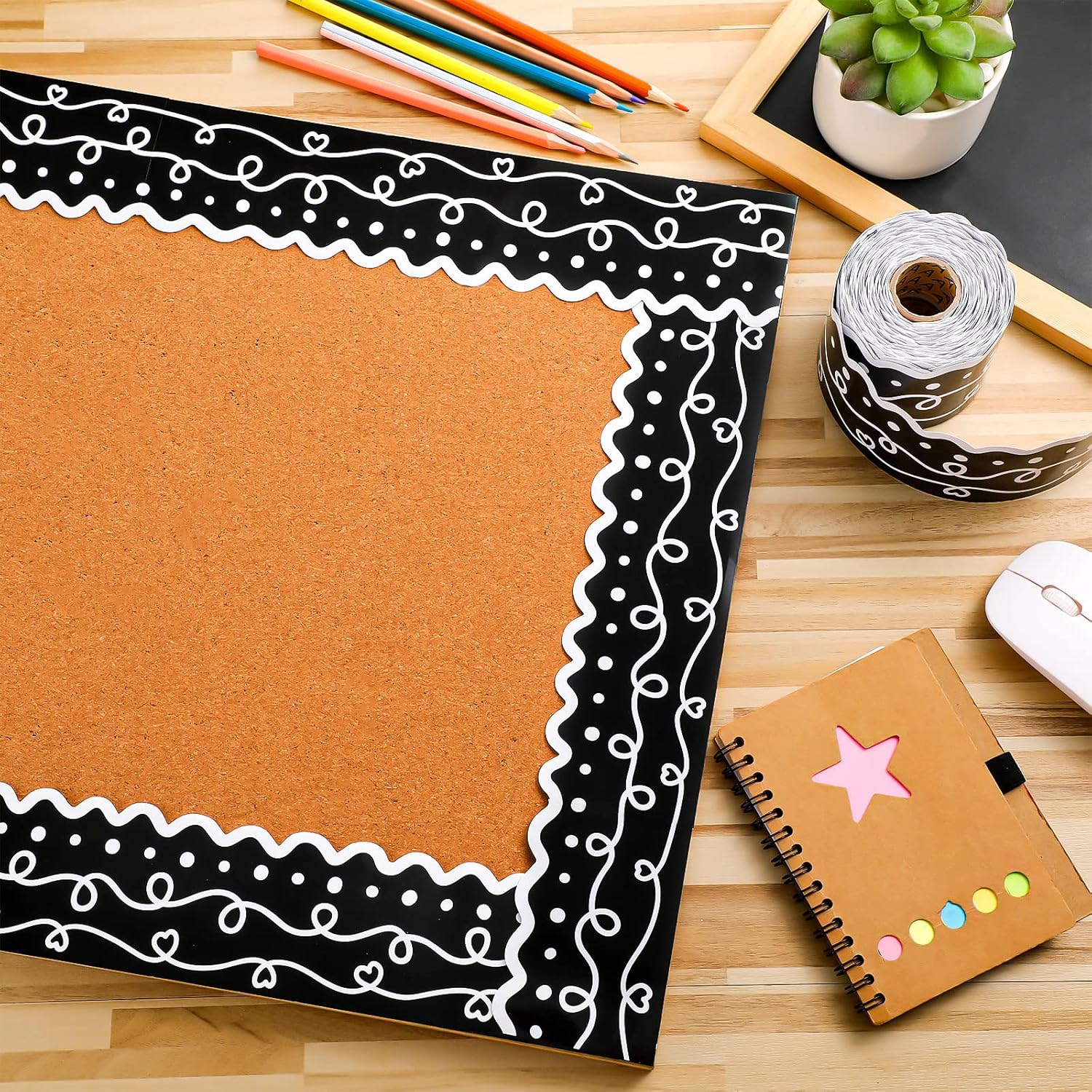 Bordes festoneados de 69 pies para el aula, garabatos y puntos, bordes de tablón de anuncios, puntos de remolino blanco y negro, papel enrollado