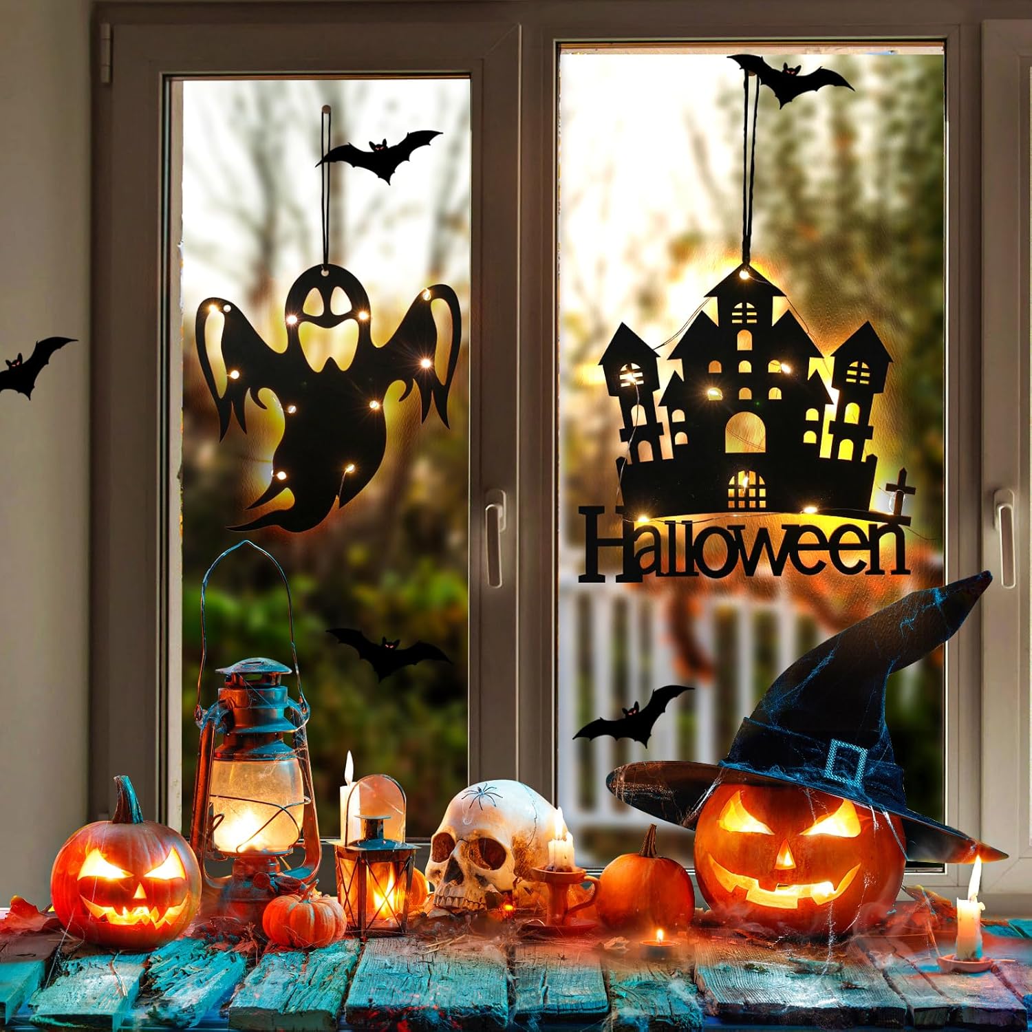 Decoraciones de Halloween, telaraña, luces de ventana de Halloween, funciona con pilas, luces colgantes para ventana de interior, decoración del