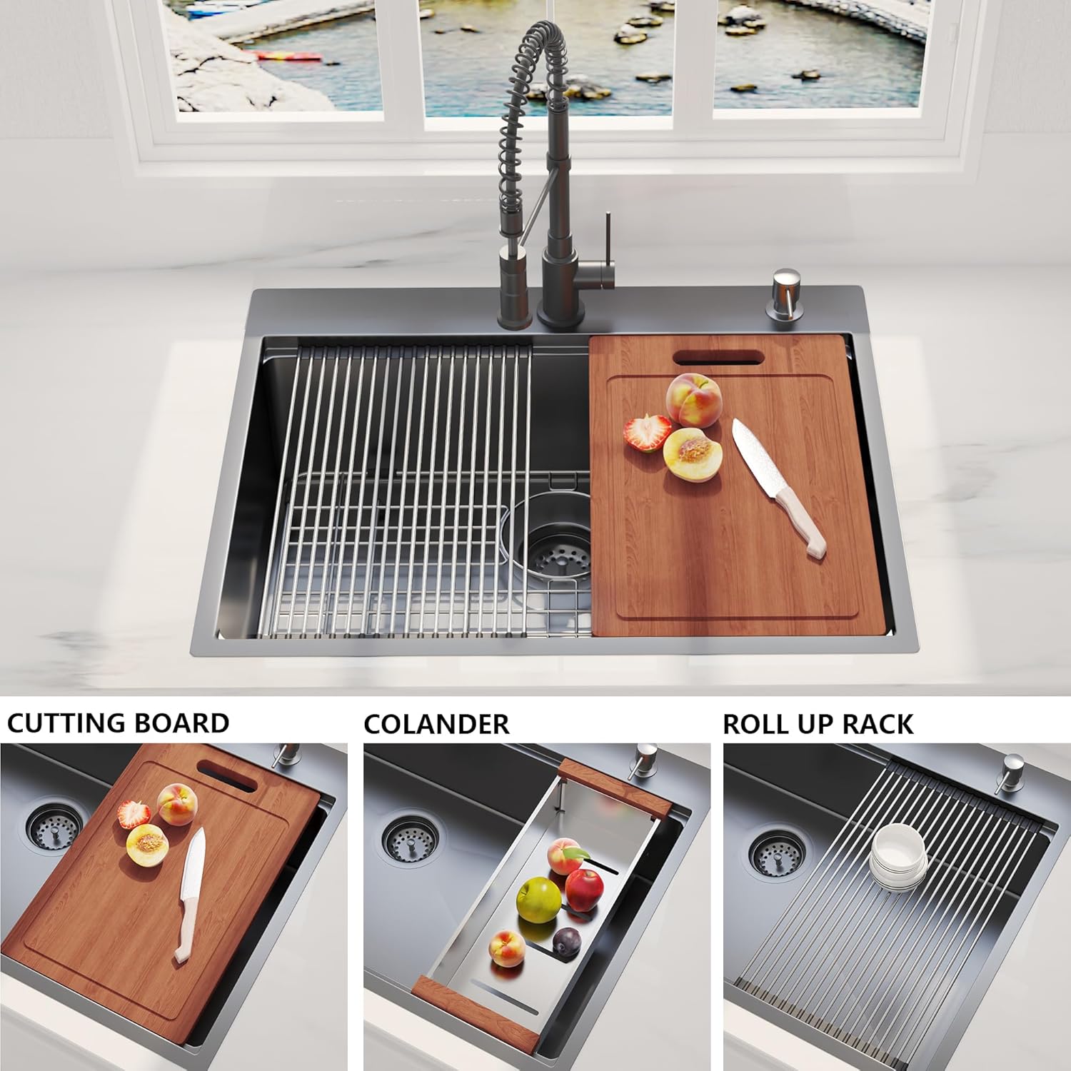 Fregadero de cocina de 28 x 22 pulgadas, fregadero con estación de trabajo, fregadero de cocina de acero inoxidable de calibre 16 con repisa y