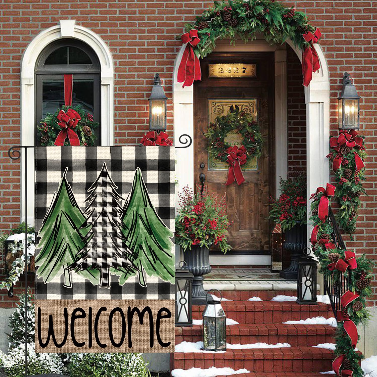 AVOIN colorlife Bandera de jardín para árbol de Navidad a cuadros de búfalo de 12 x 18 pulgadas, doble cara exterior, bandera decorativa para