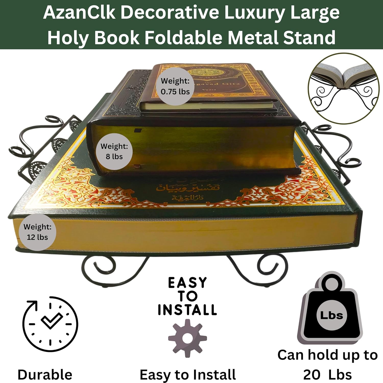 AzanClk Soporte decorativo de metal para libros de texto grandes, Biblia, Corán, Geeta y otros libros sagrados o revistas (negro)