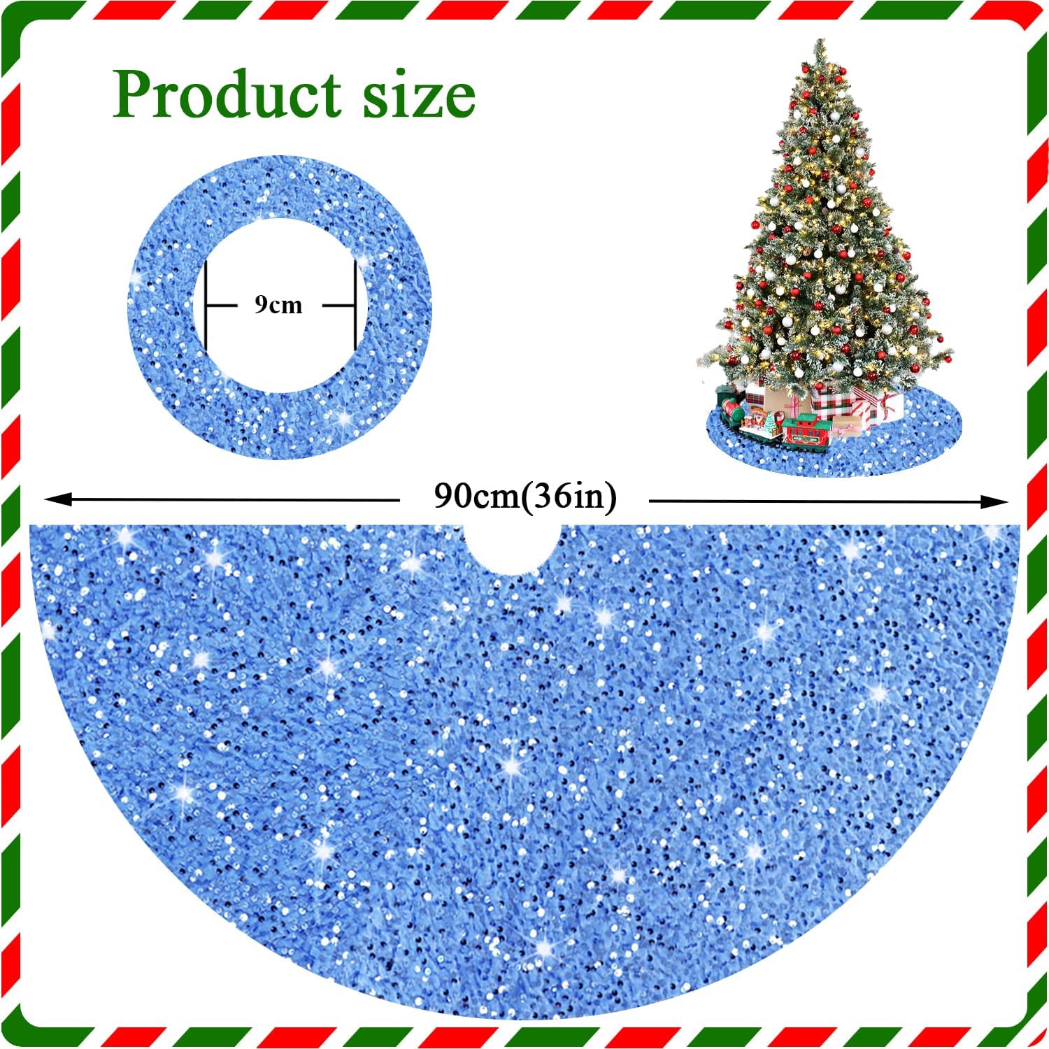 Falda de árbol de Navidad, color azul bebé, 36 pulgadas, falda de árbol de lentejuelas con purpurina, falda de árbol de terciopelo azul claro, falda