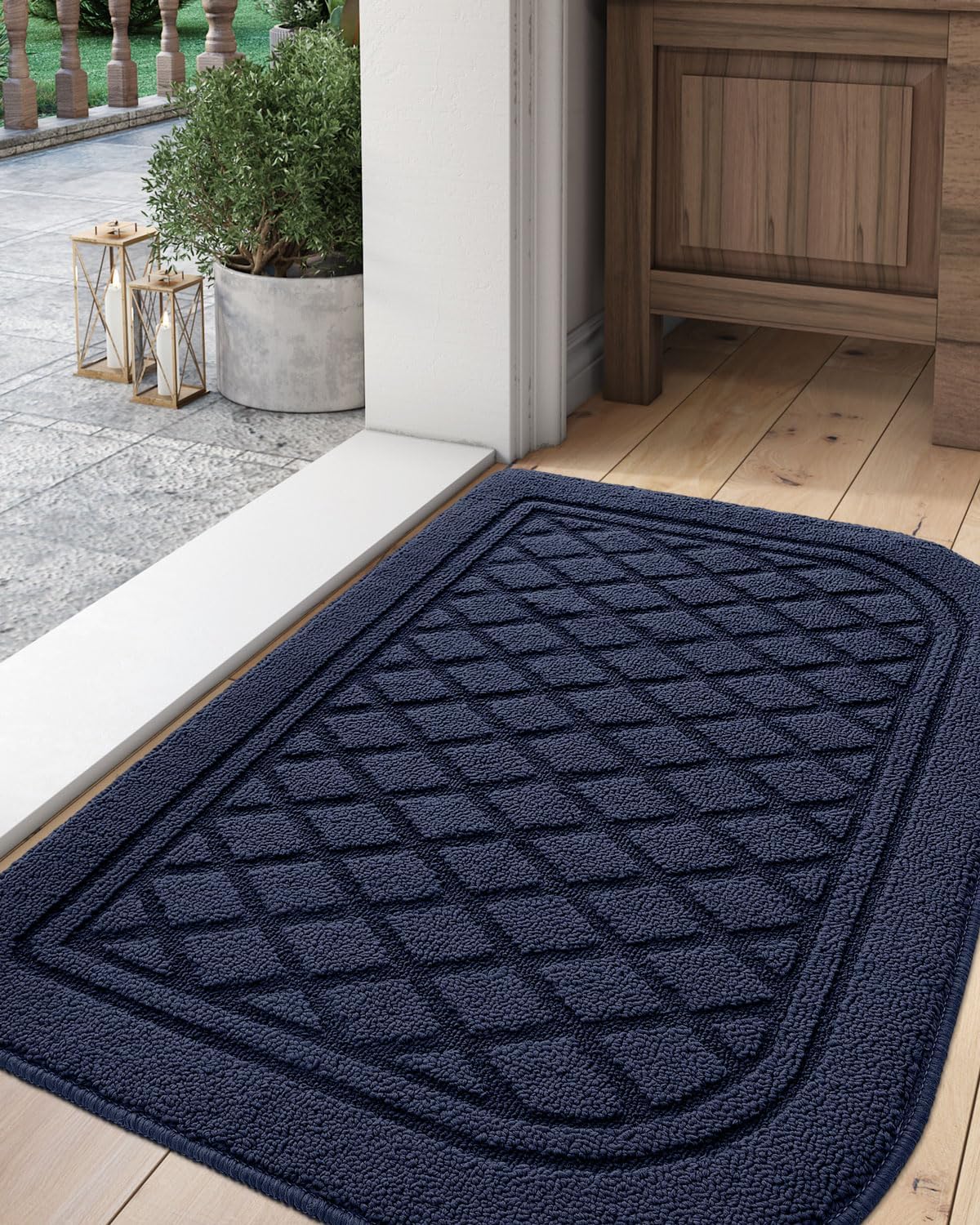 DEXI Tapete para puerta de interior, de perfil bajo, antideslizante, lavable, medio redondo, para entrada, cocina, 24 x 36 pulgadas, color azul