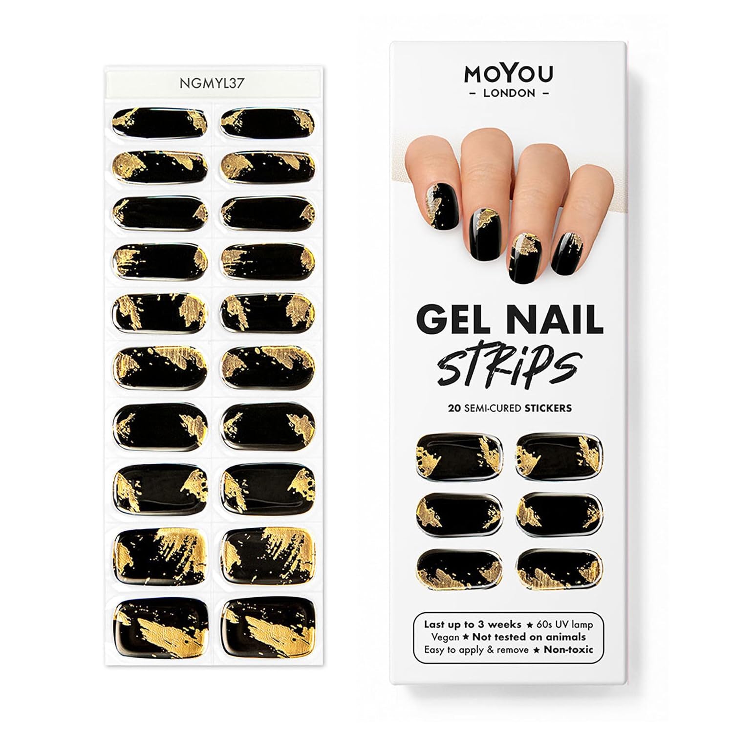 MOYOU LONDON Tiras de uñas de gel semicuradas, 20 unidades de envolturas de gel para uñas, obtén 1 lámpara UV gratis cuando recibas 2 o más, fácil