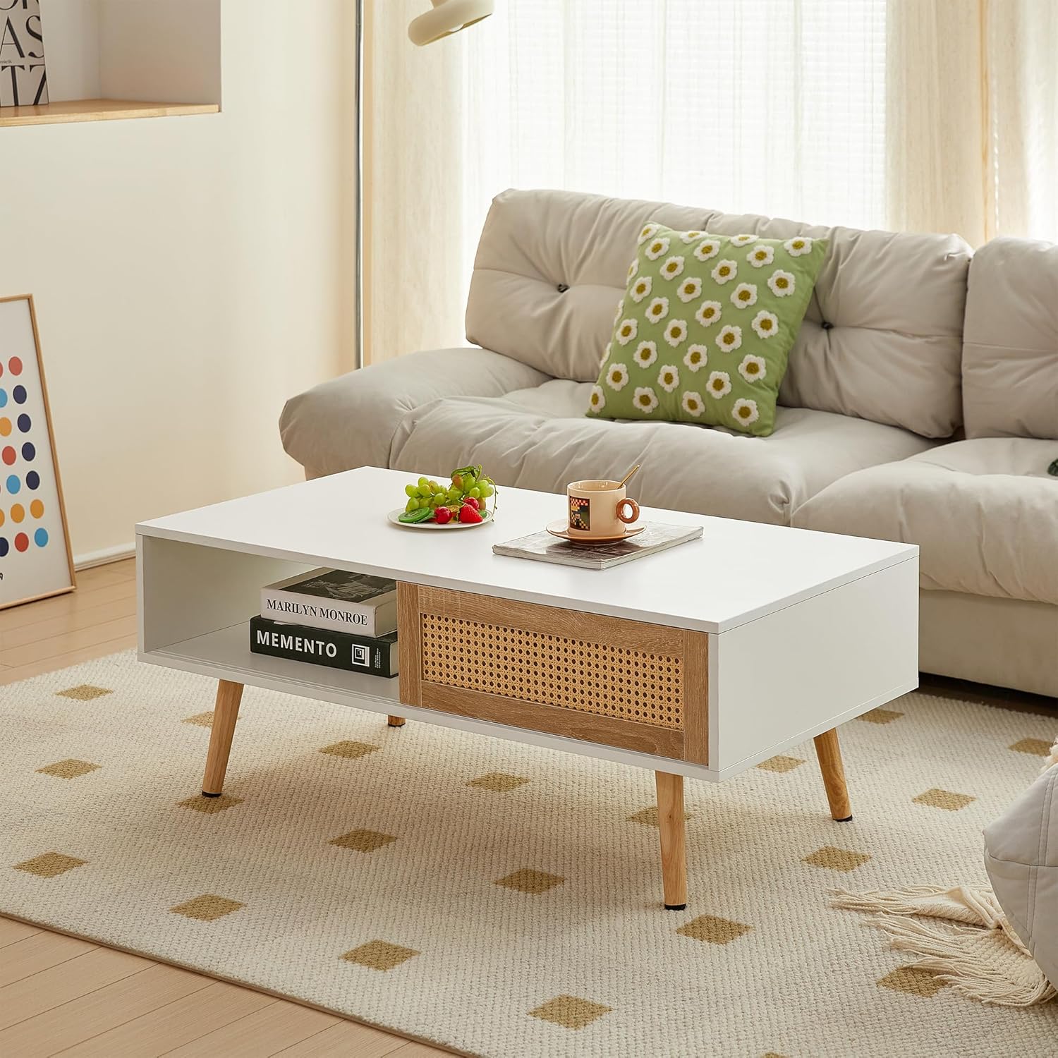 Mesa de centro de ratán para sala de estar, mesas centrales de sofá Mordern blanco, patas de madera maciza, mesa central rectangular para