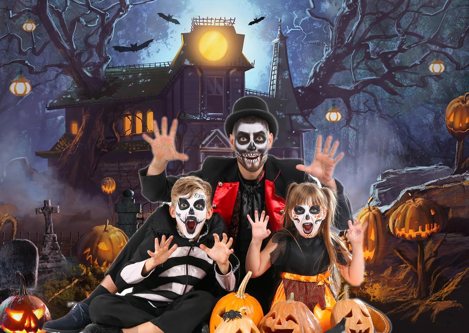 Dudaacvt Telón de fondo de Halloween de 8 x 6 pies, noche de terror, luna, cementerio, calabaza, farol, telón de fondo para Halloween, niños,
