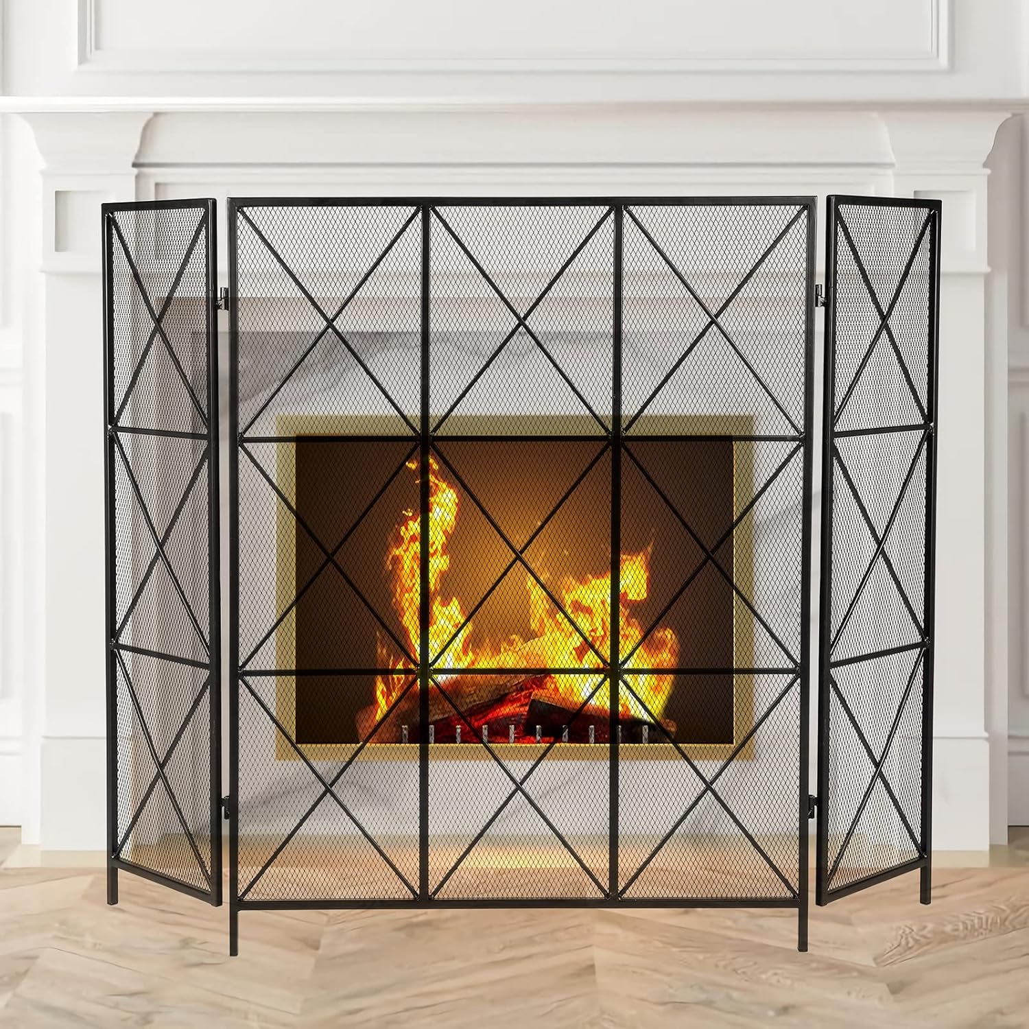 IRONWALLS Pantalla negra para chimenea, 41.7 pulgadas de largo x 31.5 pulgadas de alto, cubierta plana plegable de hierro con protección contra