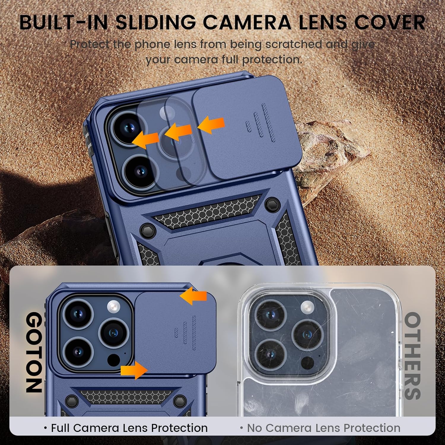 Goton Funda para iPhone 15 Pro con protector de pantalla – Funda protectora para cámara deslizante con soporte de anillo, resistente a los golpes y