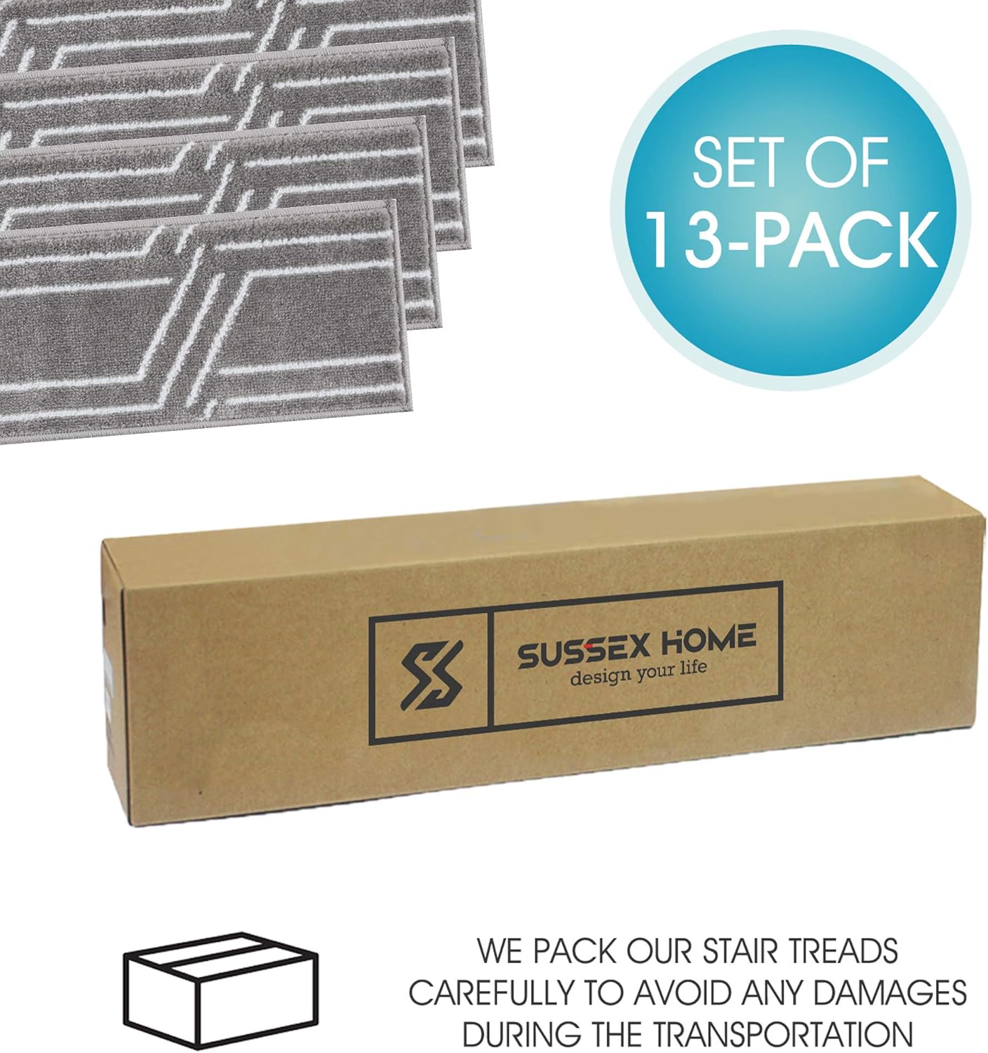 SussexHome Peldaños de escalera, tiras de alfombra 100% polipropileno para escaleras interiores, fáciles de instalar con doble cinta adhesiva,