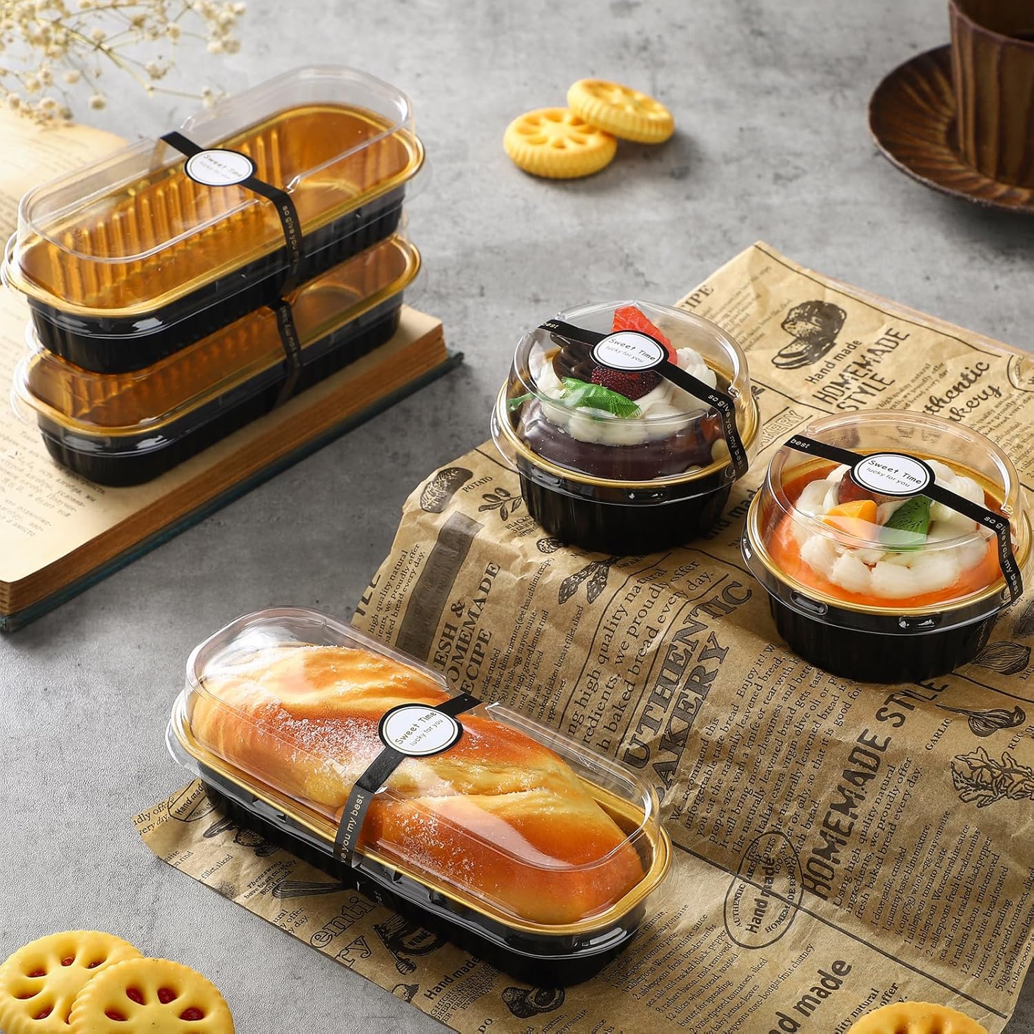 Suclain Juego de 200 mini moldes para pan con tapas, paquete de 100 moldes rectangulares de papel de aluminio de 6.8 onzas, 100 unidades desechables