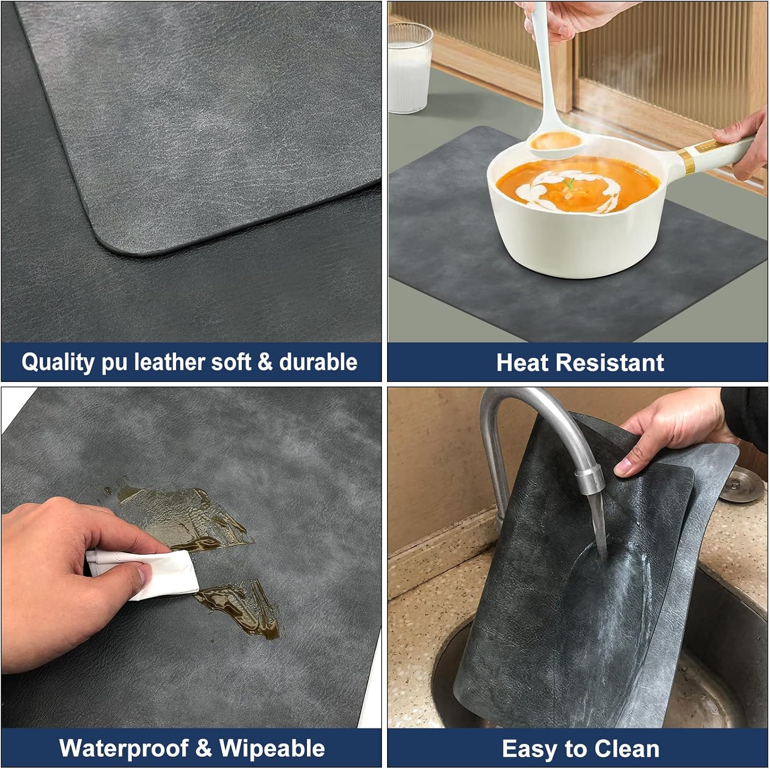 Juego de 6 manteles individuales reversibles de cuero para mesa de comedor, manteles individuales cuadrados, resistentes al calor, lavables (juego