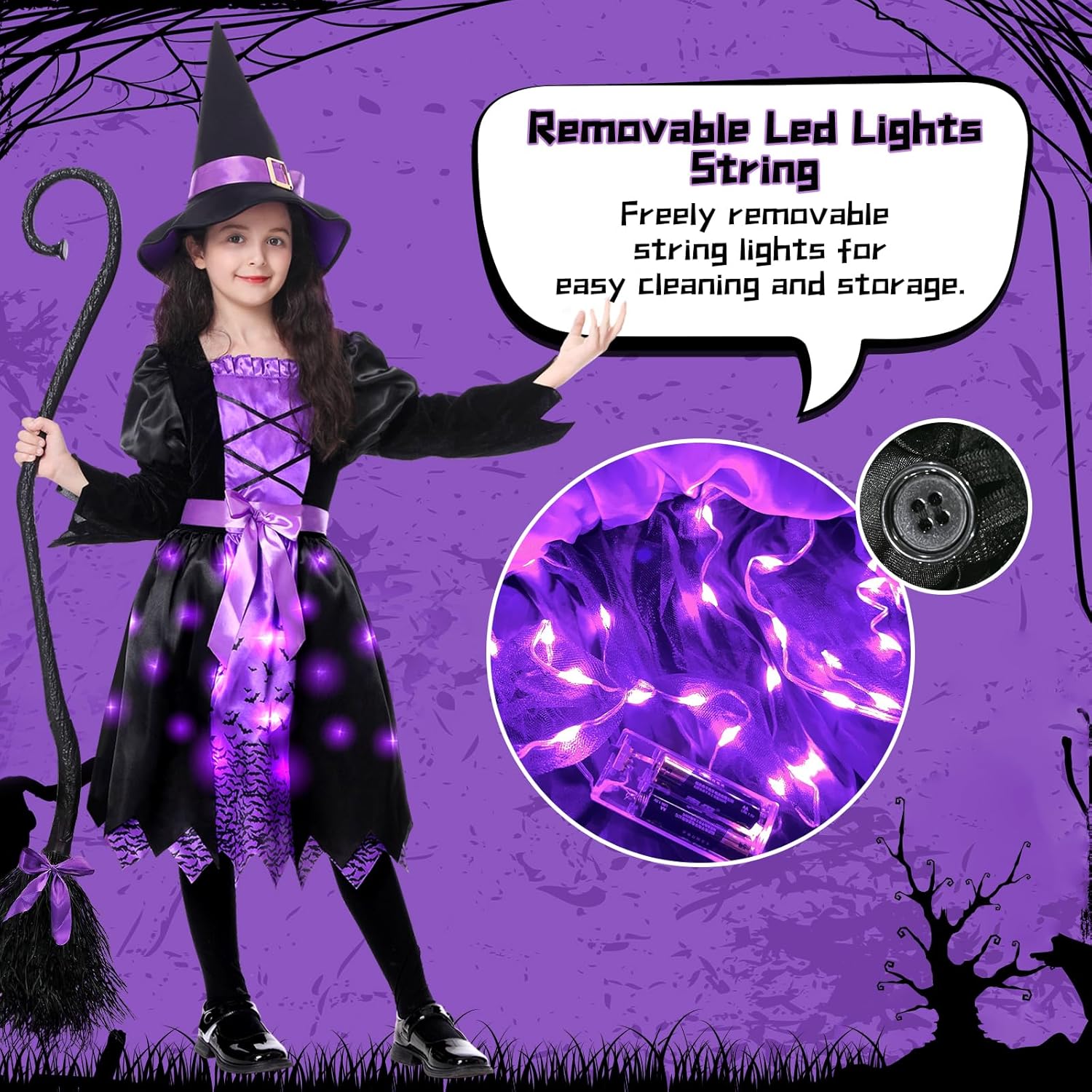Disfraz de bruja de Halloween iluminado para niñas, conjunto de vestido de bruja con sombrero y escoba para fiestas de juegos de rol para niños