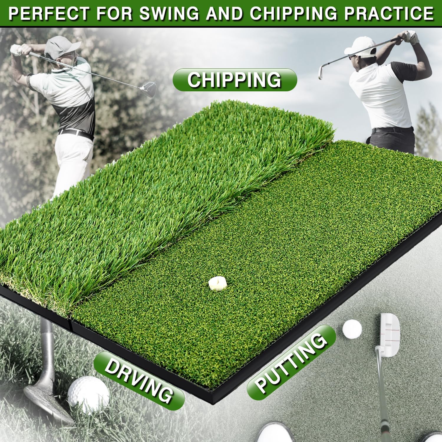 Alfombrilla de golf de doble césped premium, acolchado de espuma de 0.394 in con respaldo de goma, tapete de práctica de golf para entrenamiento en