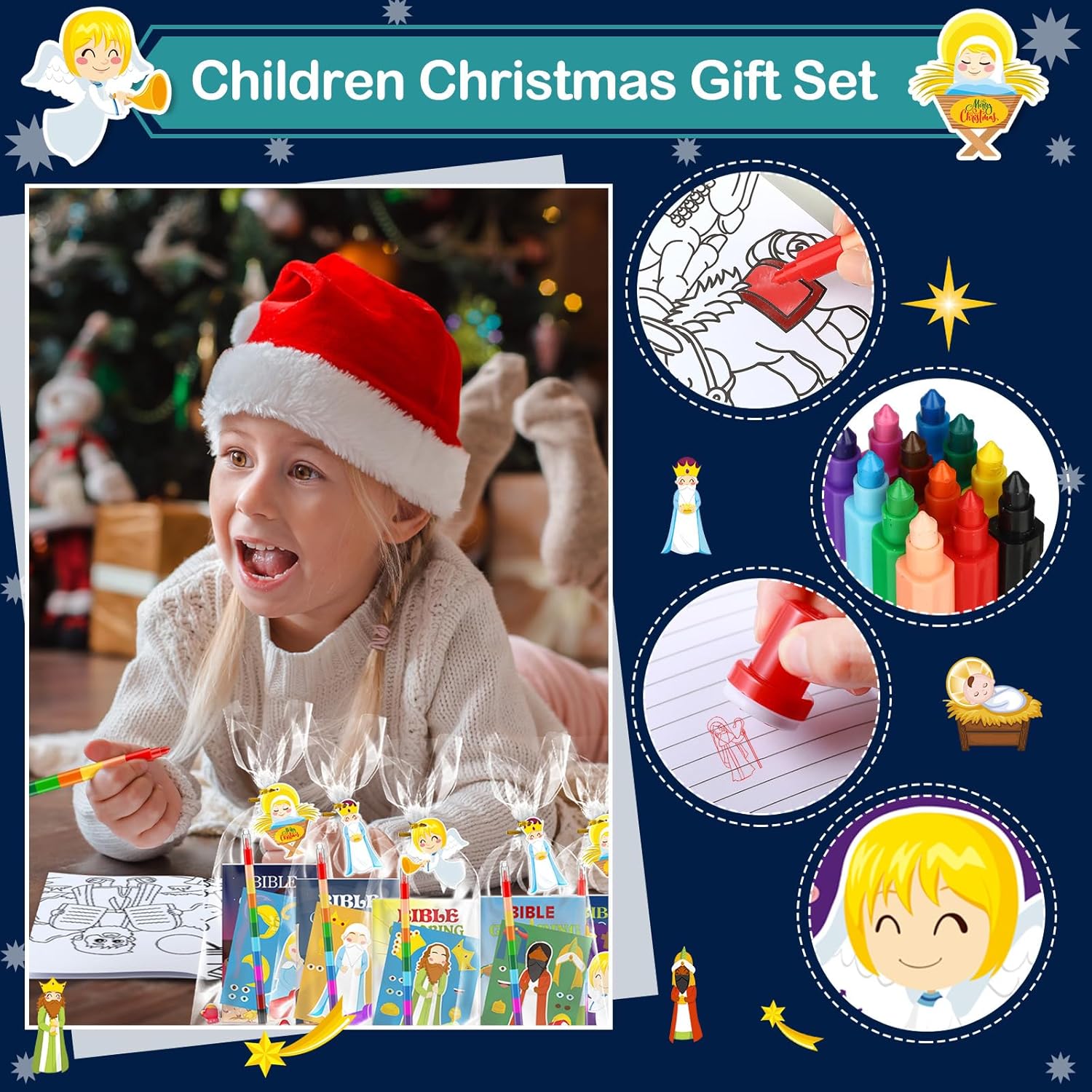 108 Pcs Christmas Party Favors Bible Coloring Book with Stacking Crayons for Kids Squishes Christmas Toys DIY Sticker Stampers Goodie Bag Fillers