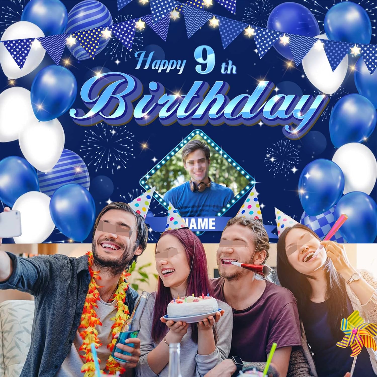Fondo de decoración de cumpleaños número 9 azul marino personalizado, letrero de fondo de cumpleaños con purpurina, pancarta de feliz cumpleaños,