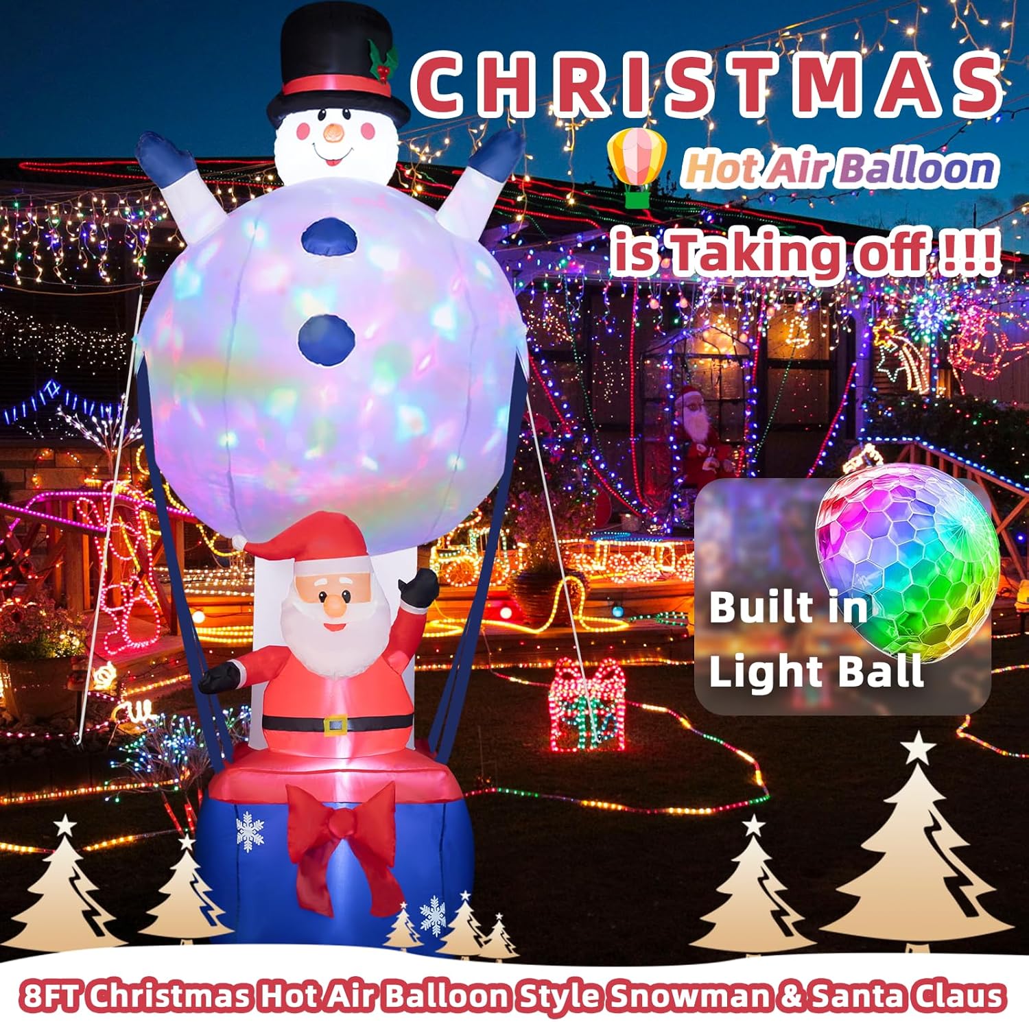 Decoración inflable de Navidad de 8 pies  Globo de aire caliente con muñeco de nieve con Papá Noel inflables de Navidad integrados en LED de arco