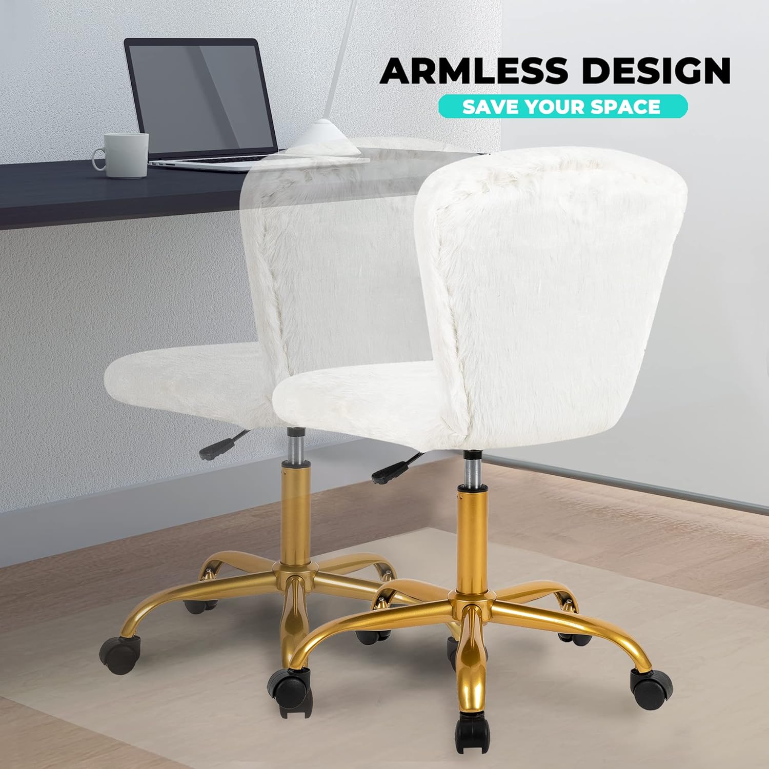 GIA Silla giratoria ajustable de respaldo medio con piel sintética, tamaño de asiento mejorado para adultos, color blanco