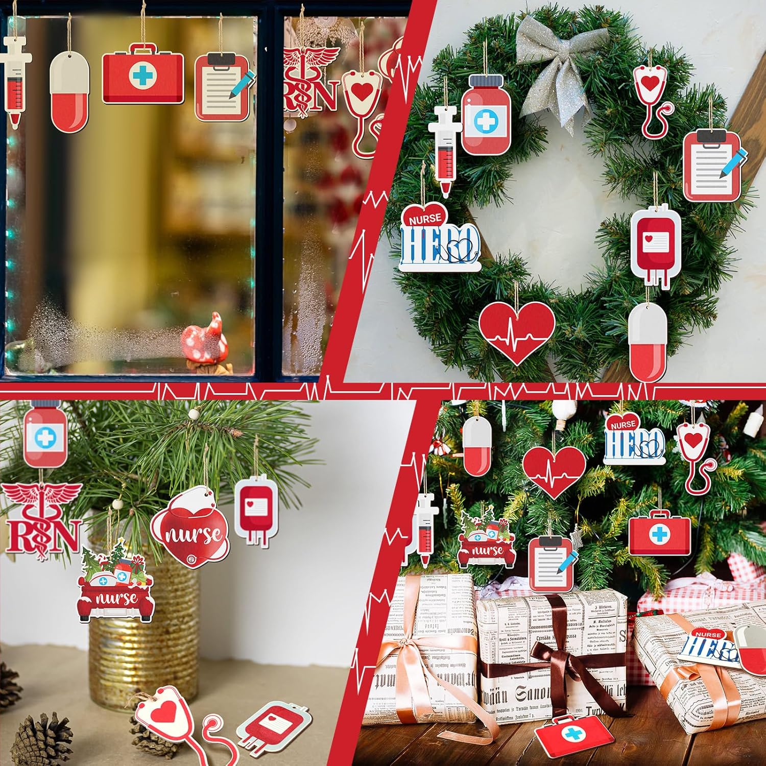 48 piezas de adorno de madera para enfermera de Navidad, bandeja de enfermera, adorno de Navidad para enfermera, adorno colgante con temática de
