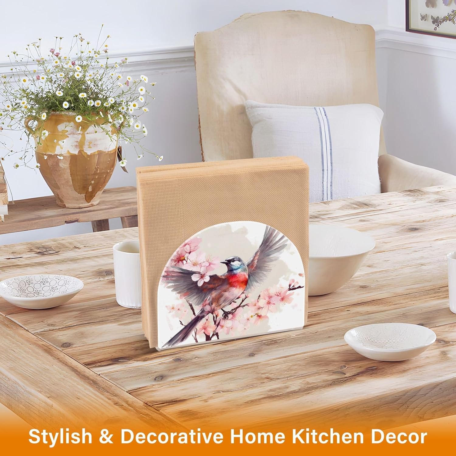 Servilletero de acrílico con diseño de flores rosas y pájaros, moderno, decorativo, para mesa, cocina, oficina, restaurante