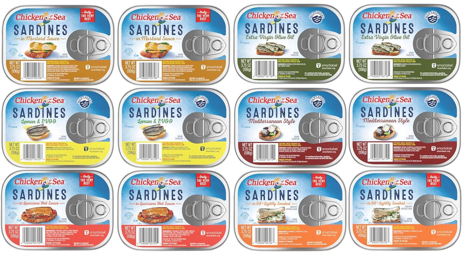Chicken of the Sea Sardines Snack Peak Variety Caja de regalo (12 paquetes)  Limón y AOVE, salsa de mostaza, salsa picante Louisiana, ligeramente
