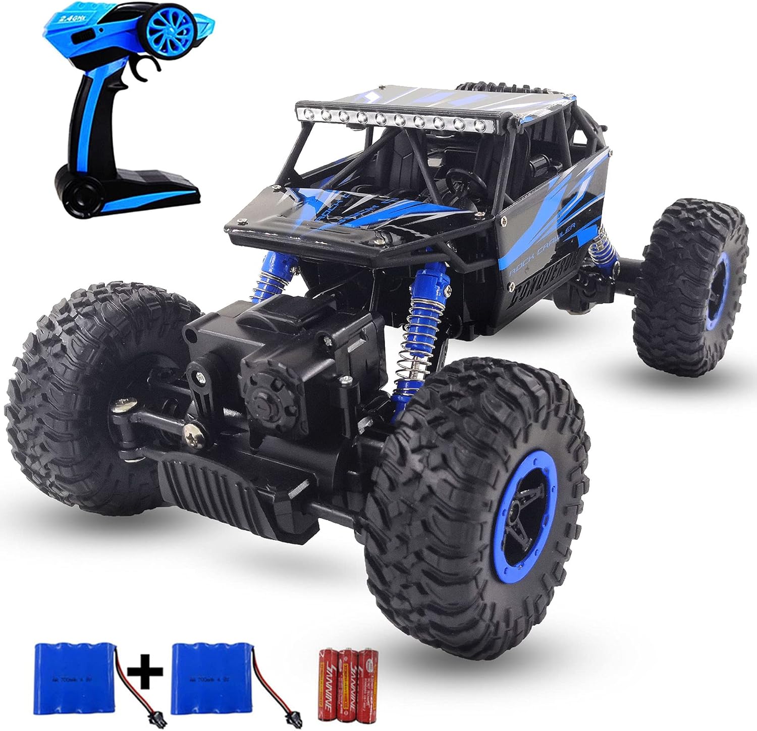 SZJJX Camión monstruo de 2.4Ghz 4WD todo terreno RC Rock Crawler con 2 baterías, auto a control remoto para niños y niños, azul