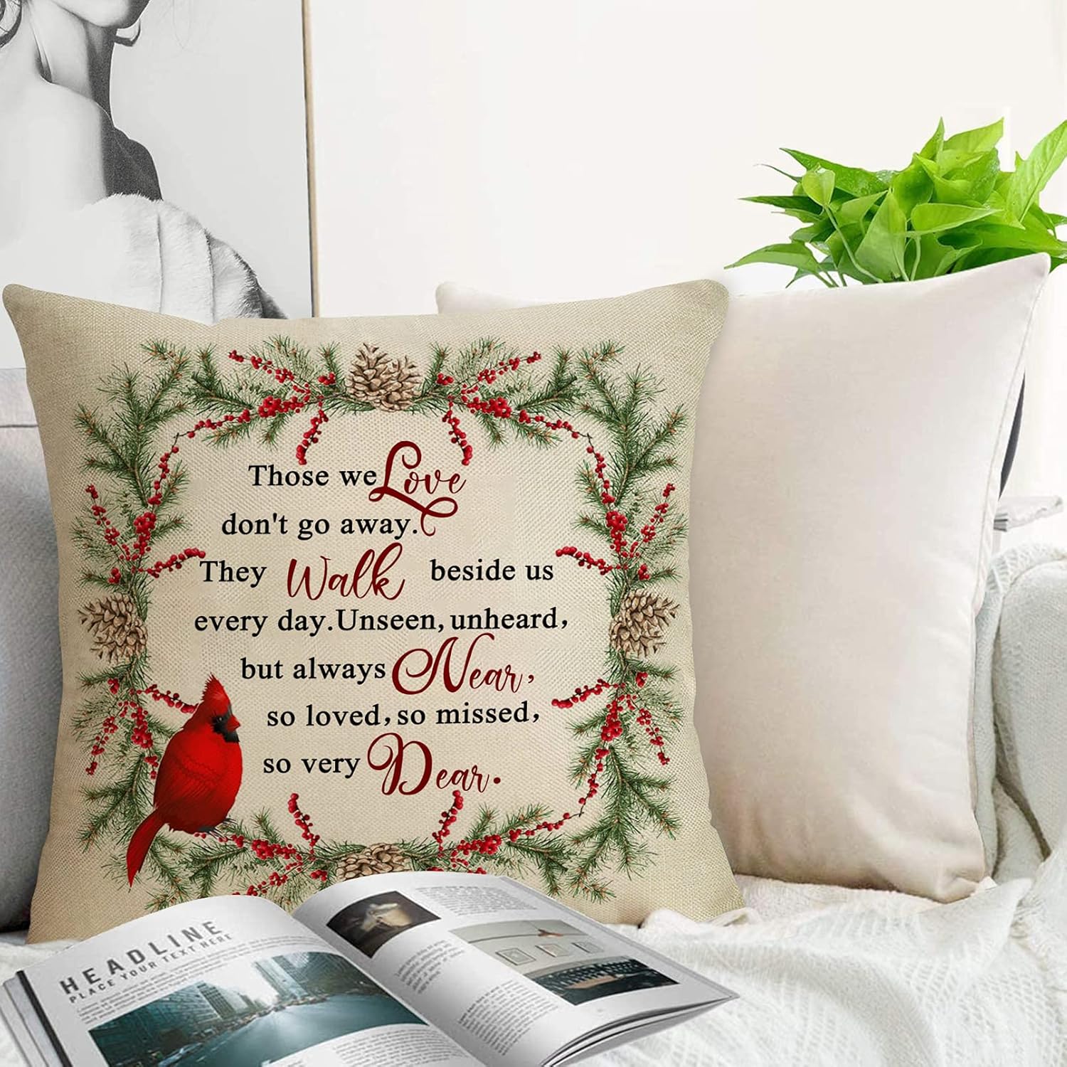 Softxpp Funda de almohada decorativa de cardenal de invierno, diseño de pájaros rojos de Navidad, conos de pino, con cita de cotización, bayas de