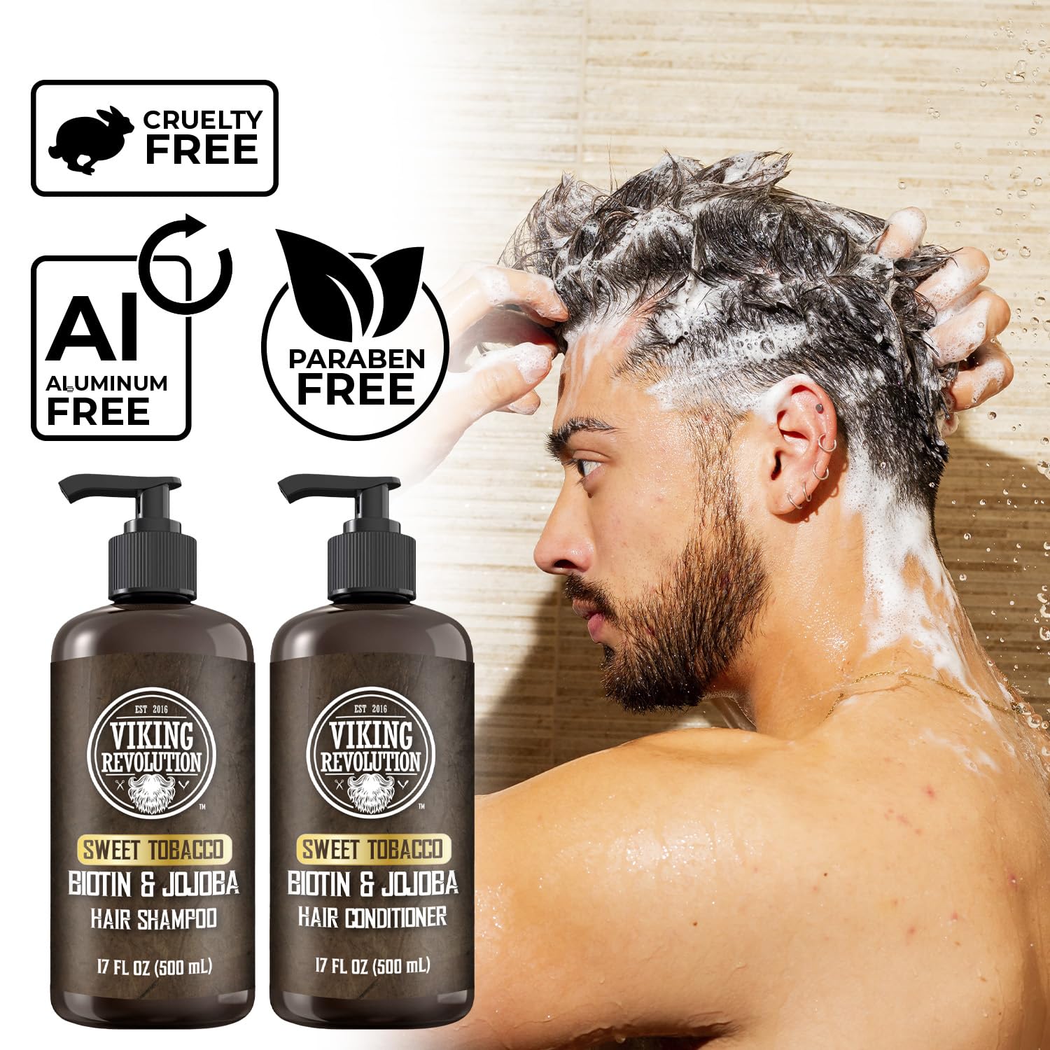 Viking Revolution Sweet Tobacco – Juego de champú y acondicionador para hombre con biotina y aceite de jojoba, champú natural para el cabello y