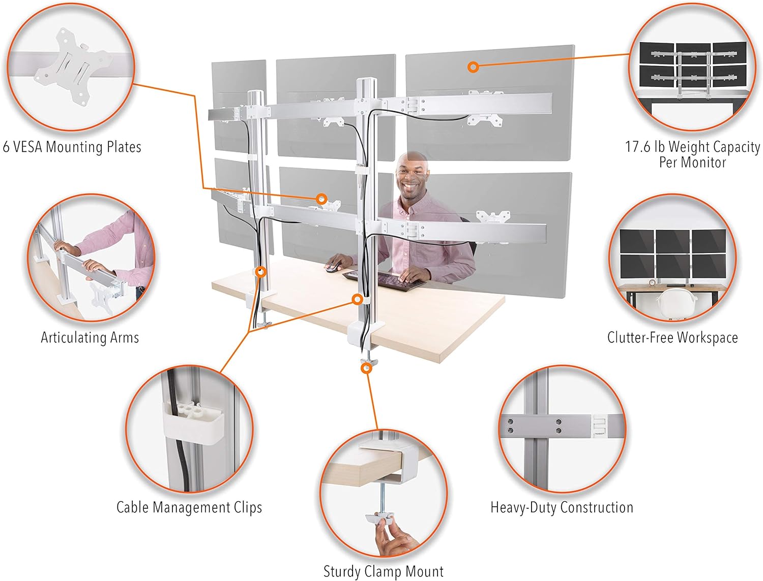 Stand Steady Configuración de escritorio para 6 monitores, soporte de monitor ajustable en altura resistente, brazo giratorio con base de