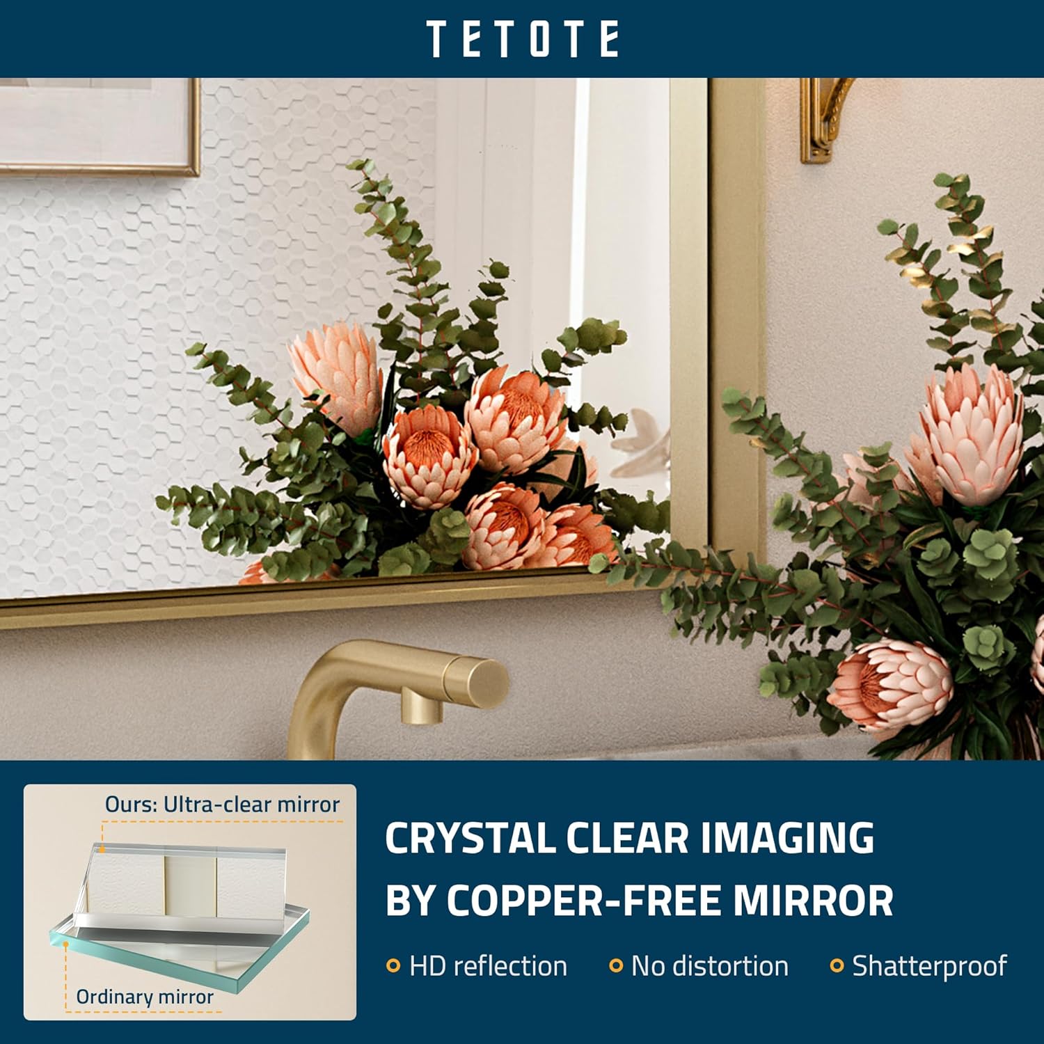 TETOTE Espejo de baño dorado cepillado de 40 x 30 pulgadas, espejo rectangular con marco dorado para tocador de baño, espejo de pared grande y