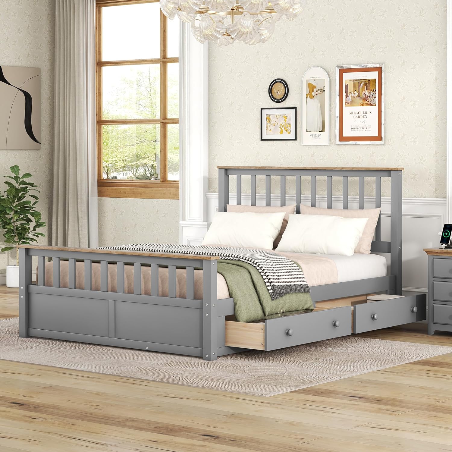 Merax Cama de plataforma tamaño Queen, plataforma de madera con 2 cajones y soporte de listones de madera, gris + natural