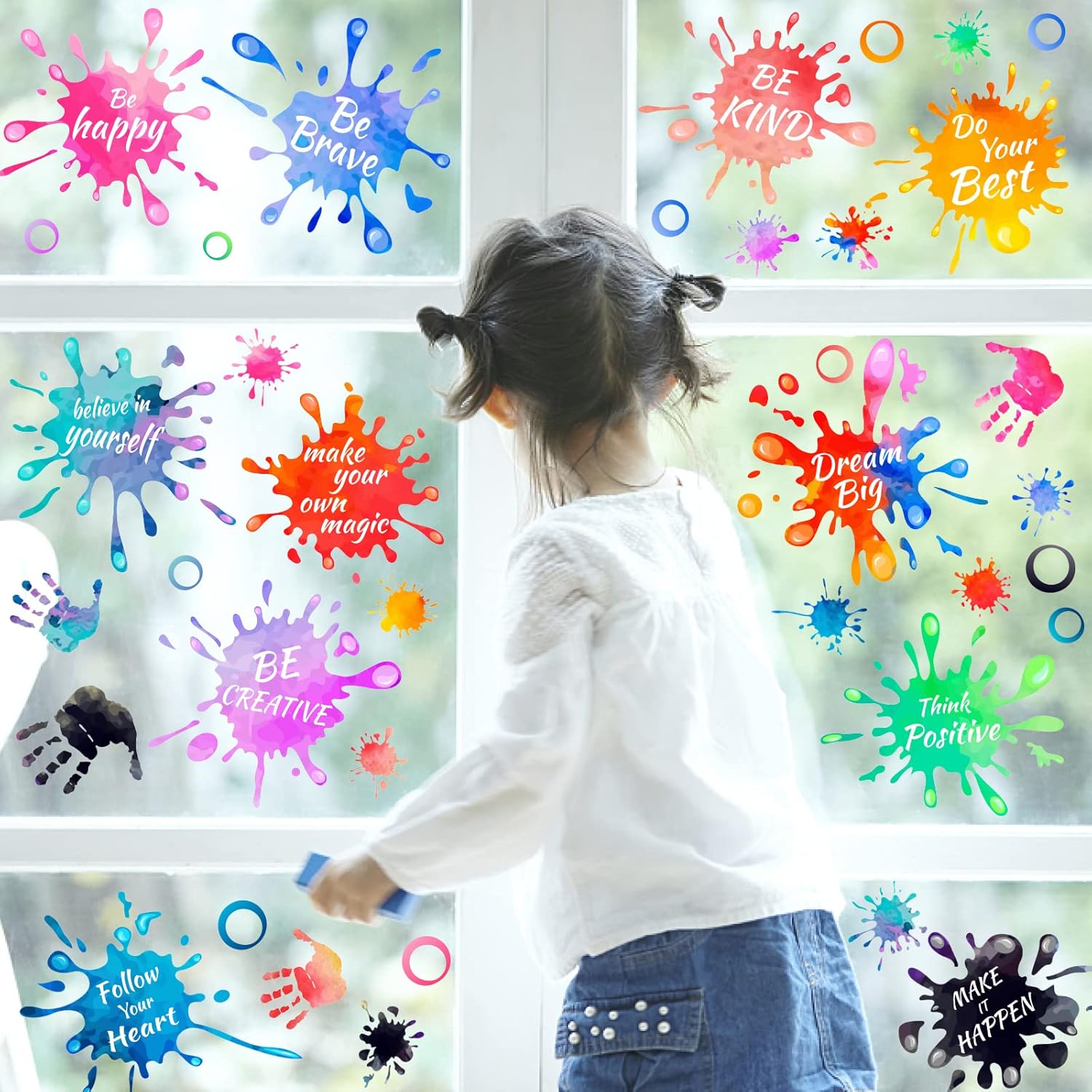 3 hojas coloridas de huellas de manos salpicadas de pintura, citas inspiradoras, calcomanías de pared extraíbles de vinilo para despegar y pegar,