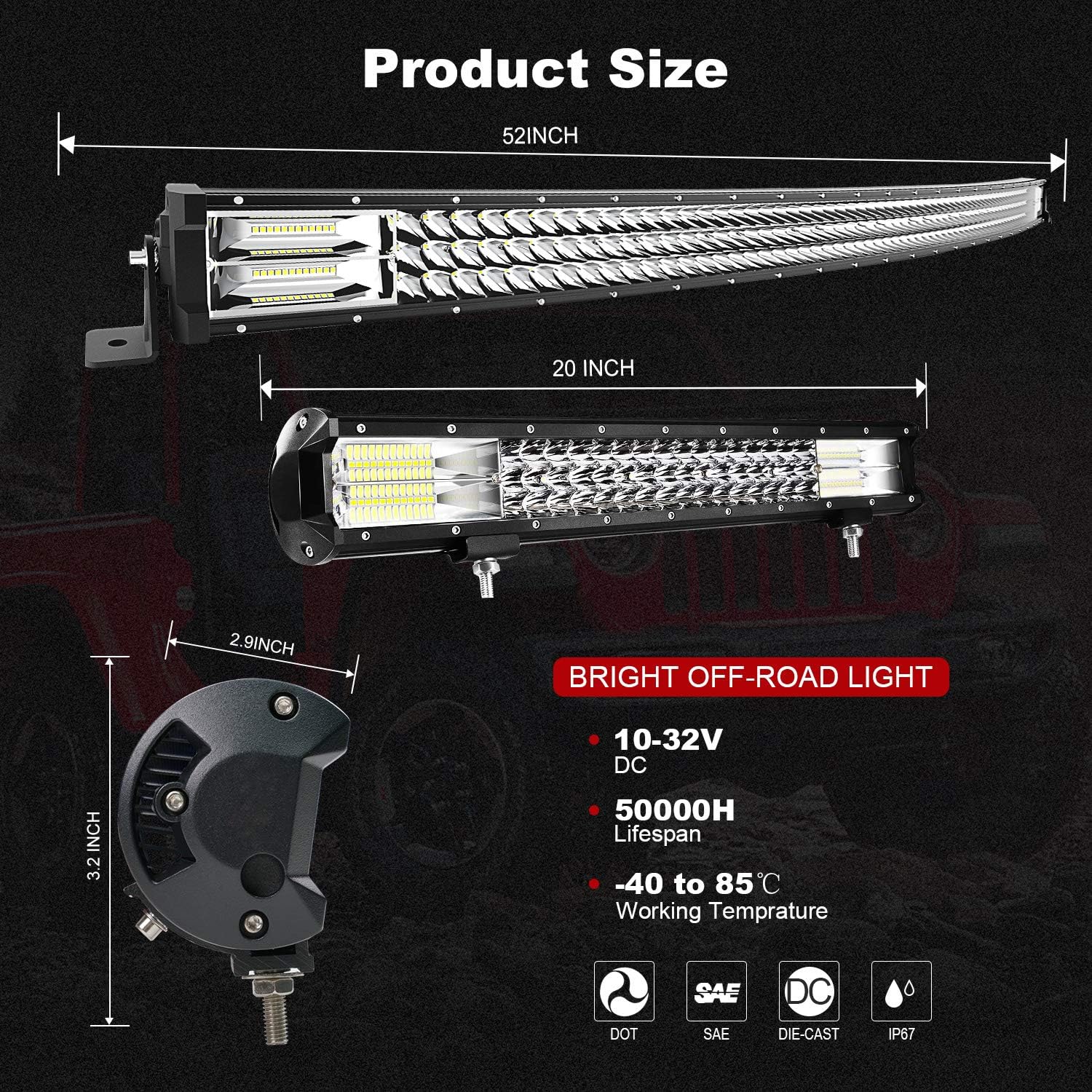 Barra de luz LED de 52 pulgadas, 711 W, curvada + 20 pulgadas, 288 W, triple fila de inundación, combo de haz de luz combinado, 4 unidades, 4