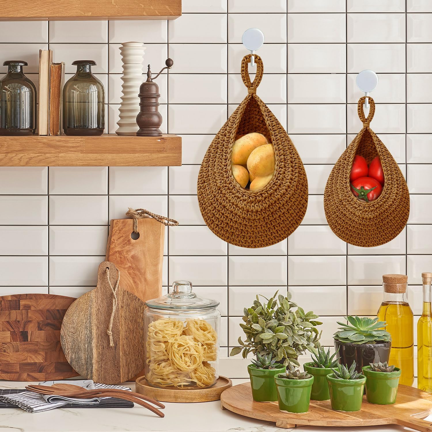 Cesta colgante de frutas para cocina, cestas colgantes bohemias para organizar, cestas colgantes de frutas y verduras de pared, cestas de cocina
