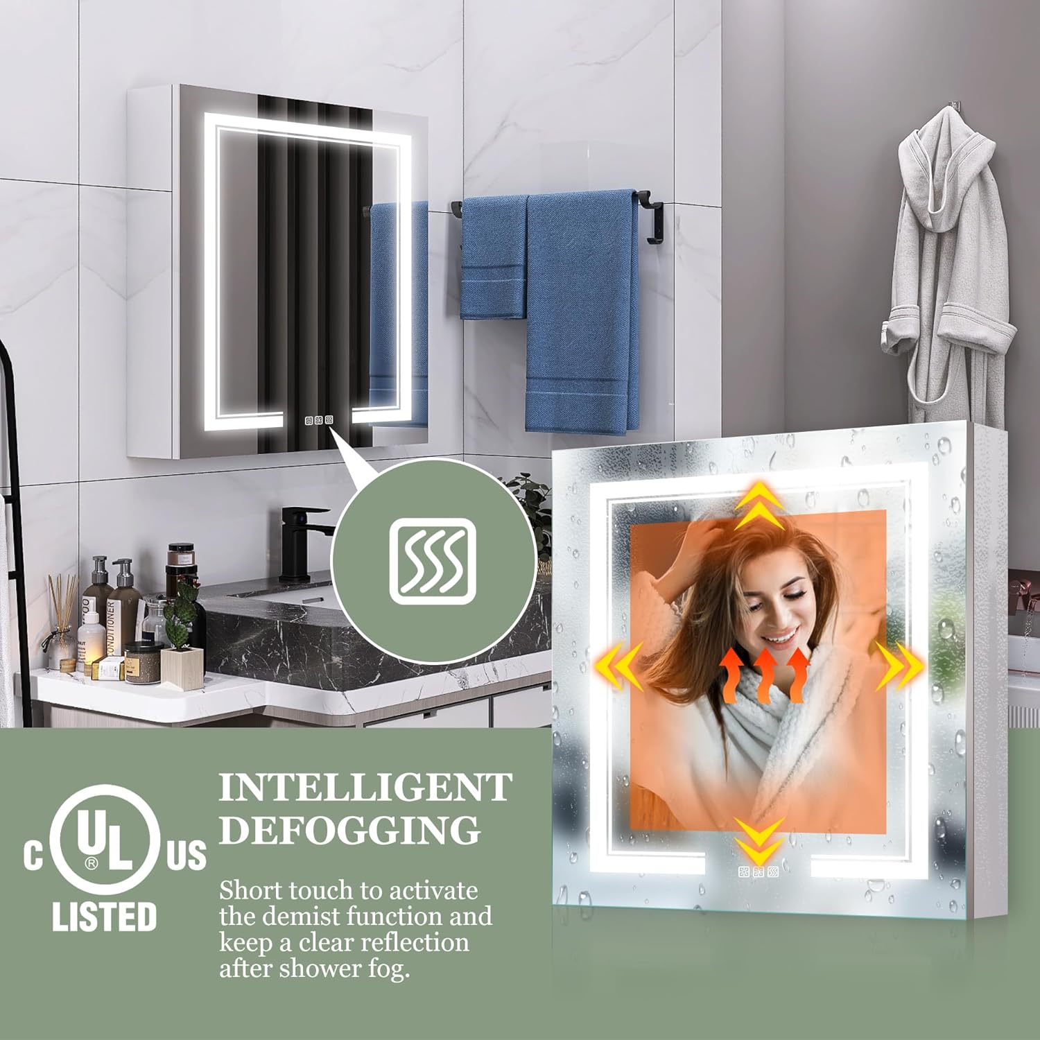 Botiquín de 24 x 32 pulgadas con salida SUB, gabinete LED con espejo antivaho con atenuación continua, luz de 3 colores, estantes 3XL