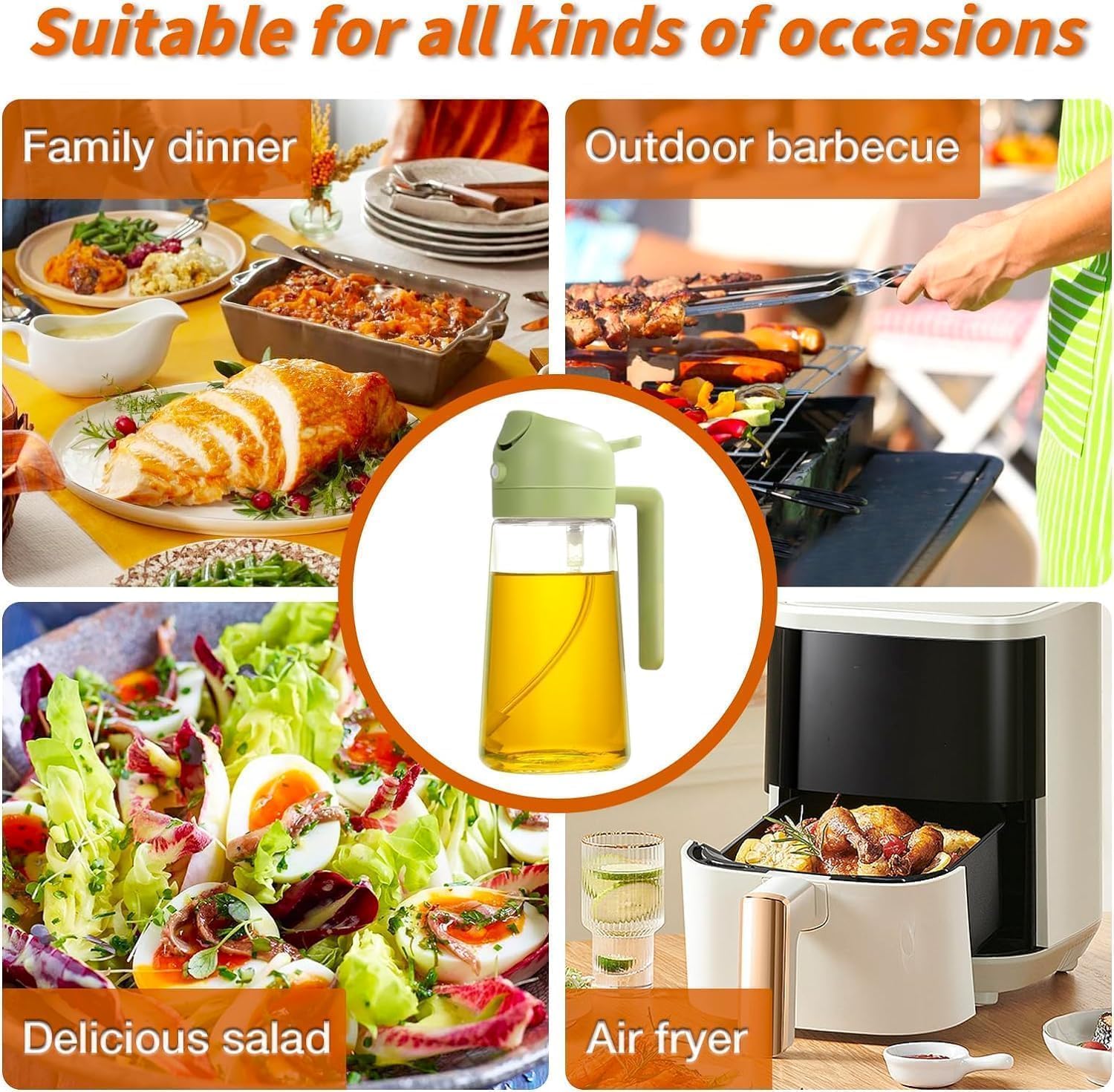 Anatoeway Botella dispensadora de aceite de 16 onzas para cocina, dispensador de aceite de oliva 2 en 1 y rociador de aceite, rociador de aceite