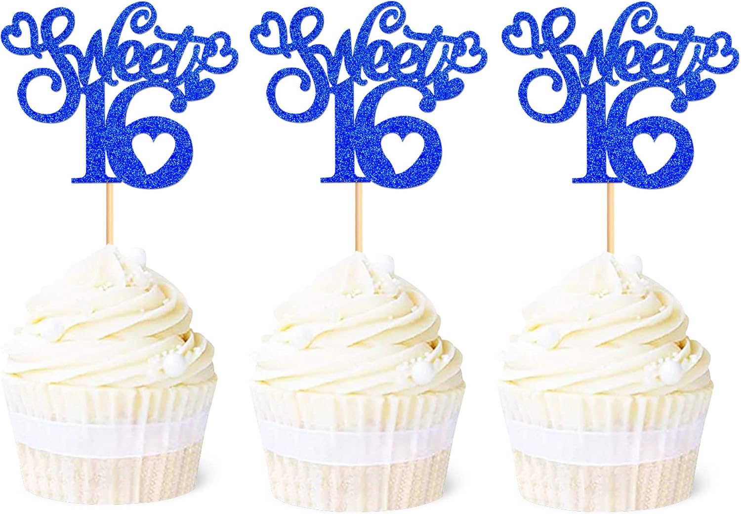 Ercadio Paquete de 24 adornos para magdalenas con 16 adornos azules con purpurina para 16 cupcakes para cumpleaños de 16 años, decoraciones para