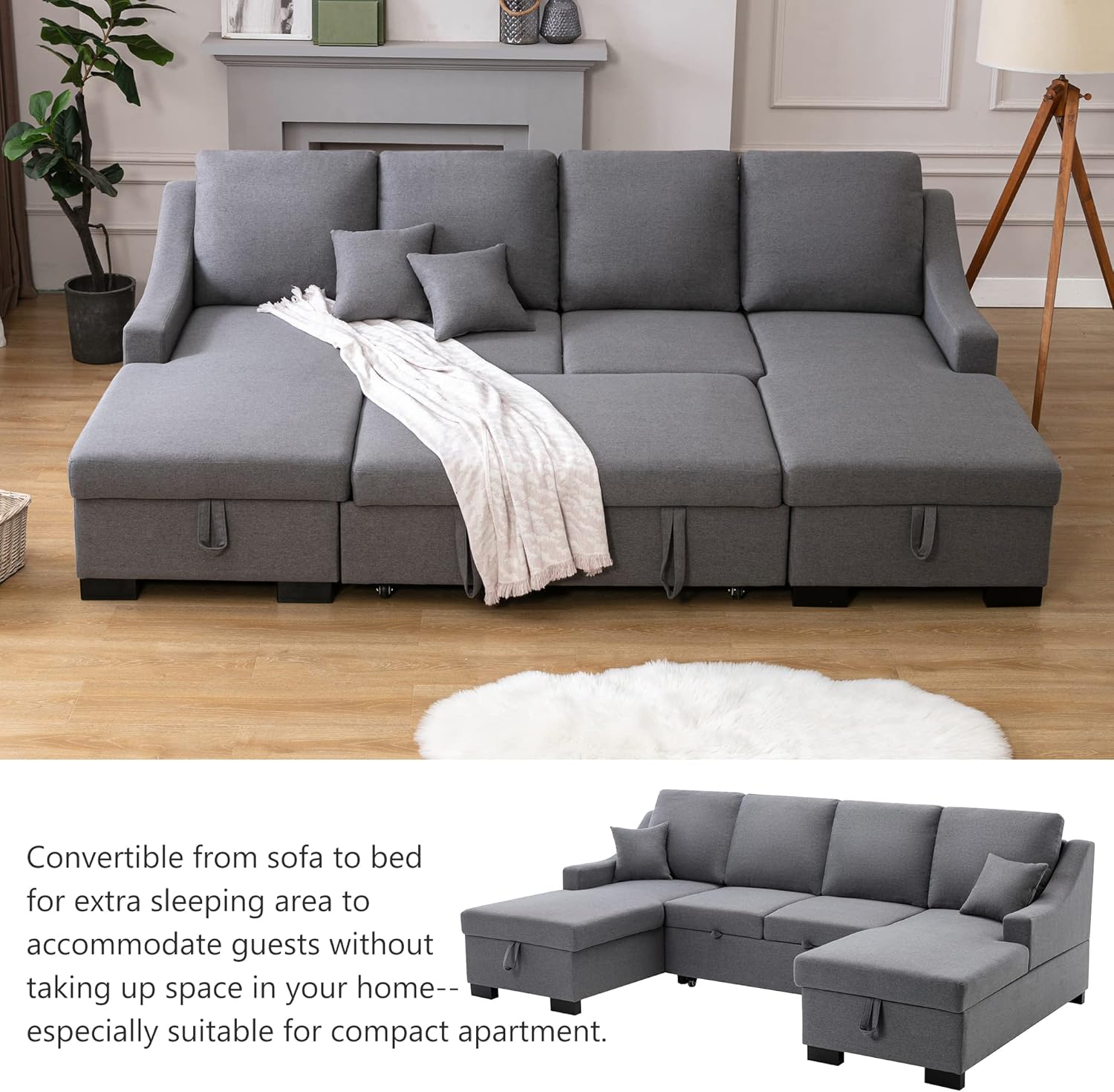 LIADTOP 2 cojines y espacios de almacenamiento dobles, cama extraíble, sofá seccional tapizado para sala de estar, apartamento, hogar y oficina,