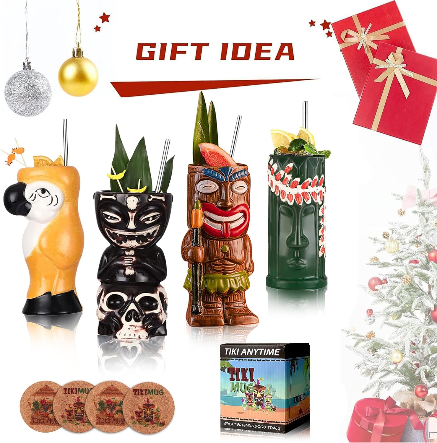 Juego de 4 tazas Tiki para cóctel, vasos Tiki de cerámica con pajitas y posavasos. Vasos de cóctel exóticos para fiesta hawaiana, vasos tropicales